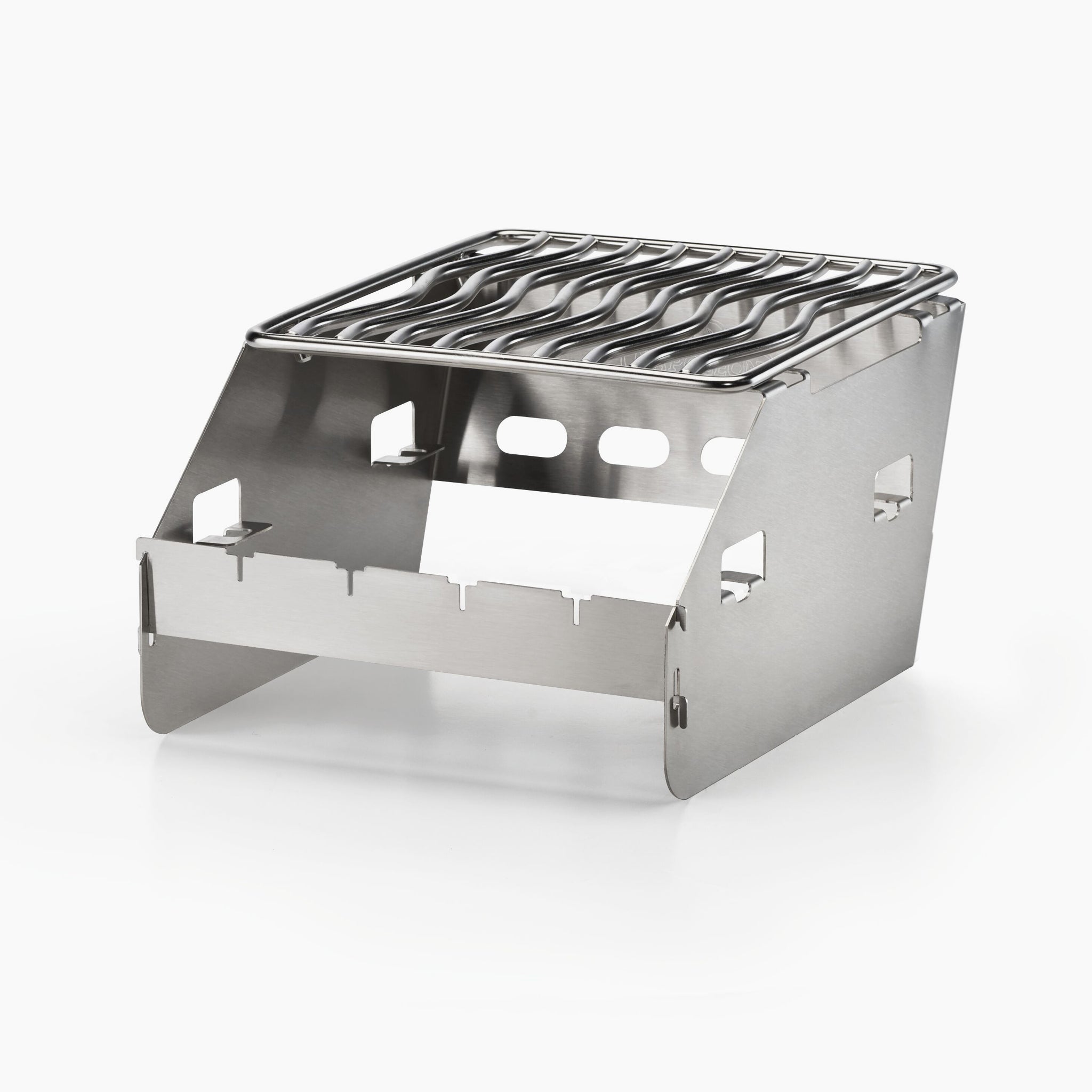 Introducing the Napoleon Side Burner Windshield - Small: a compact, foldable stainless steel camping stove with a grill on top, specifically designed for portable cooking. Perfect for outdoor enthusiasts, it also accommodates stainless steel skewers for added versatility.