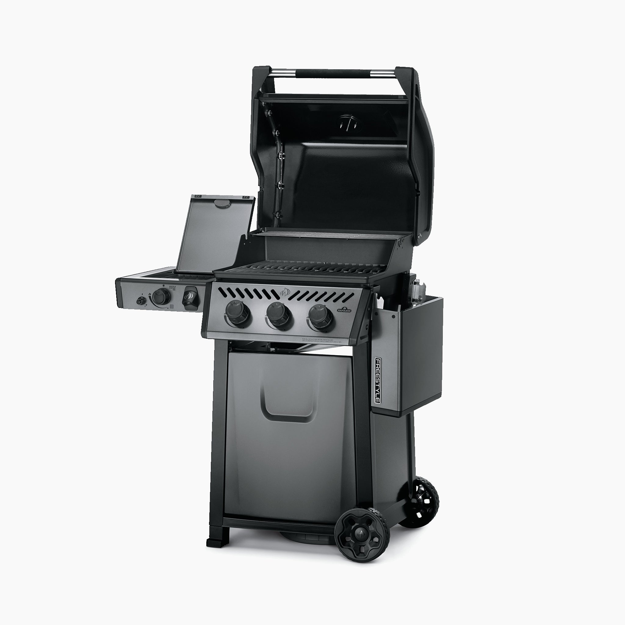 Introducing the Napoleon Freestyle 365 SIB Gas Barbecue: a sleek black propane grill with four control knobs and an open lid design. It features an Infrared Side Burner, ample storage compartments, and a JETFIRE ignition system for effortless lighting.