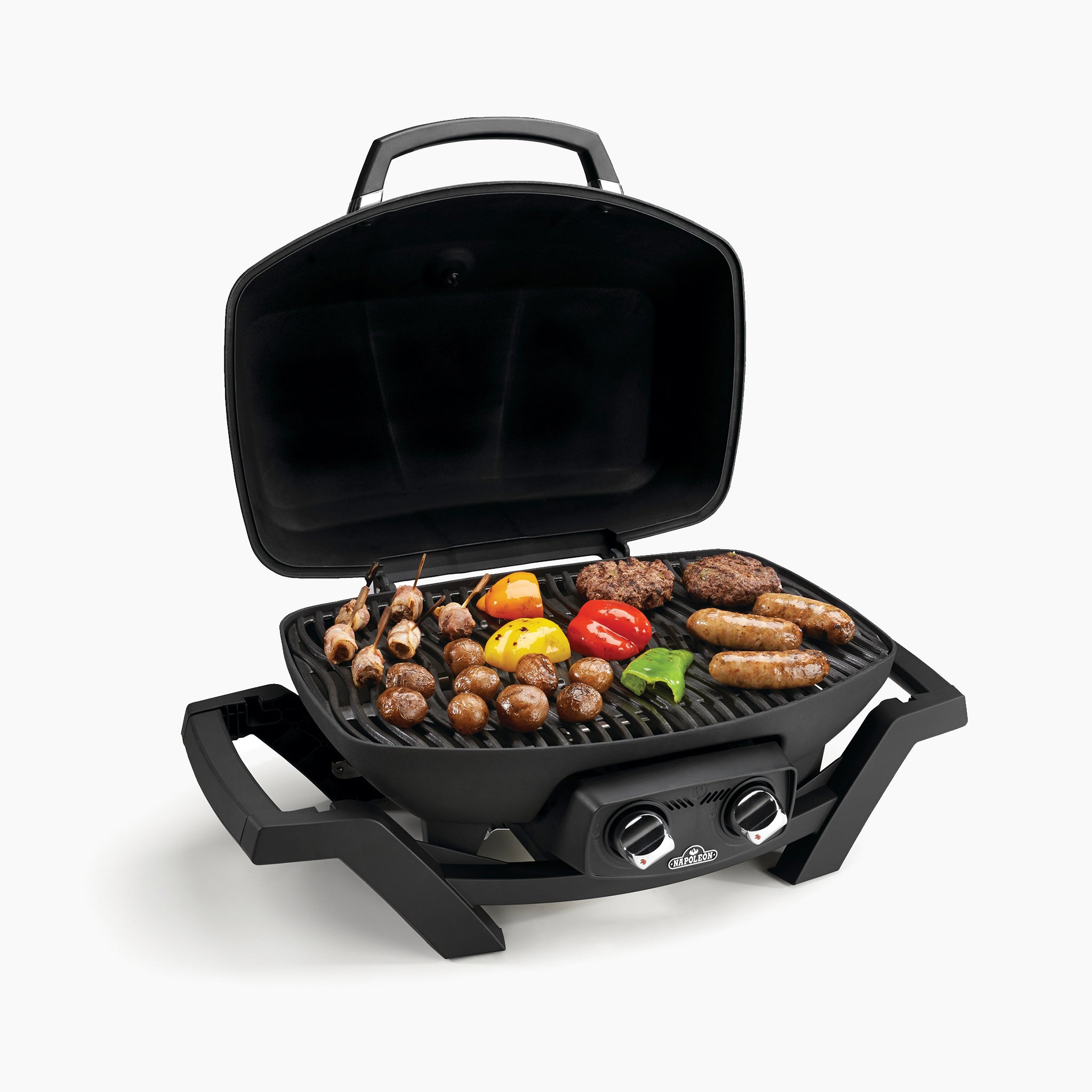 A Napoleon TravelQ Pro 285 Portable Gas Barbecue with an open lid, grilling skewers, sausages, bell peppers, mushrooms, and burger patties.