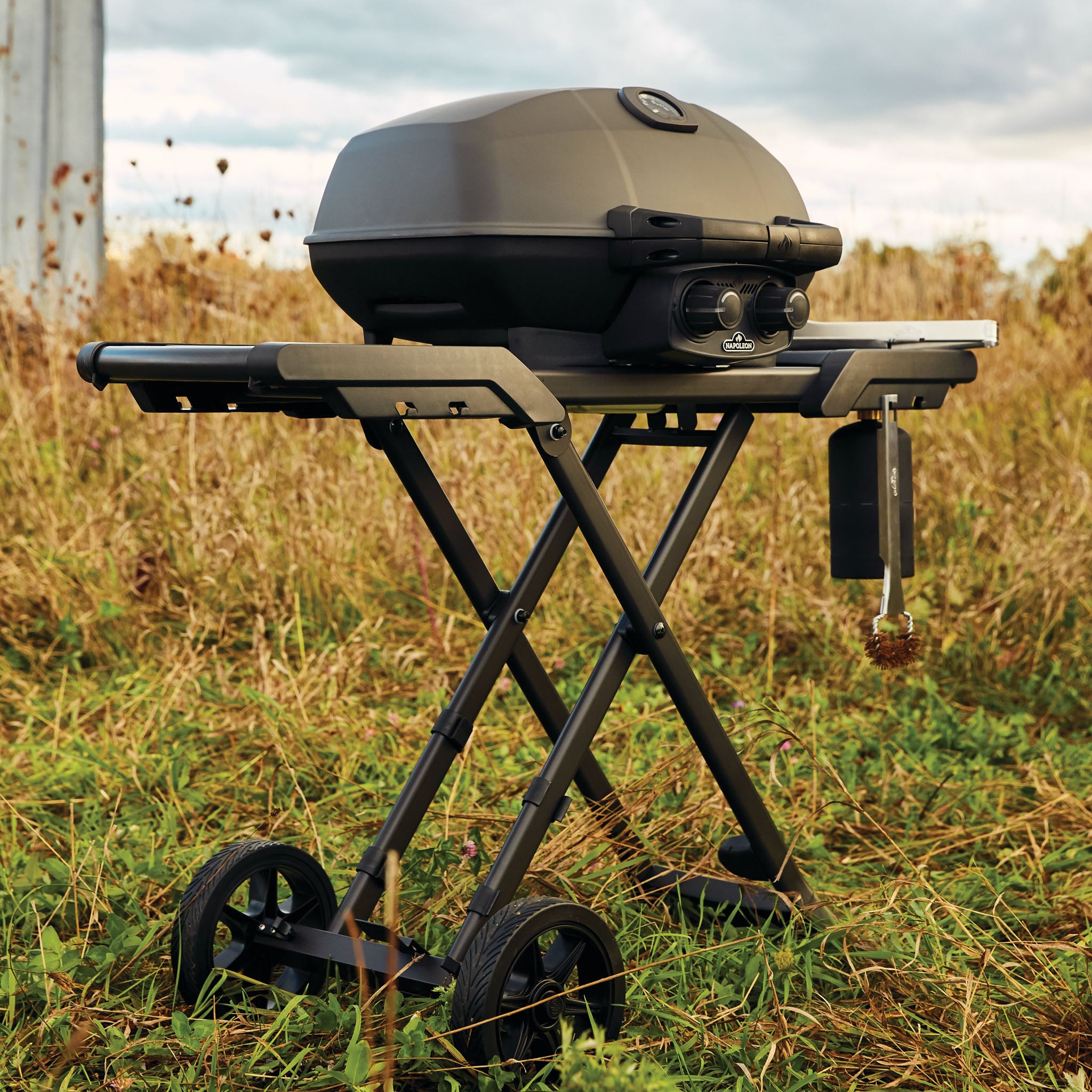 The Napoleon Phantom TravelQ Pro 285X Portable Gas Barbecue, featuring wheels and foldable legs, stands proudly in a grassy field.