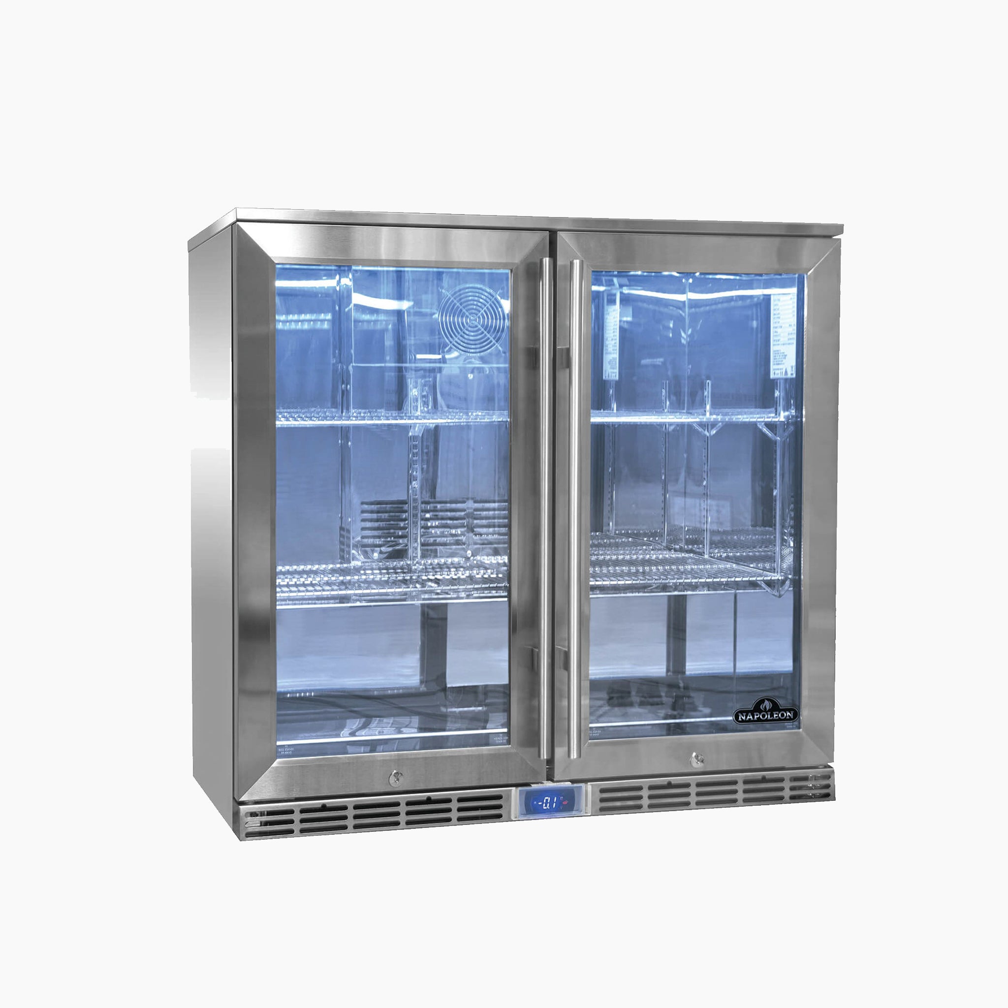 Napoleon Outdoor Cooler (Double Door) with stainless steel finish, featuring glass doors and blue interior lighting, perfect for outdoor entertaining, standing on a white background.