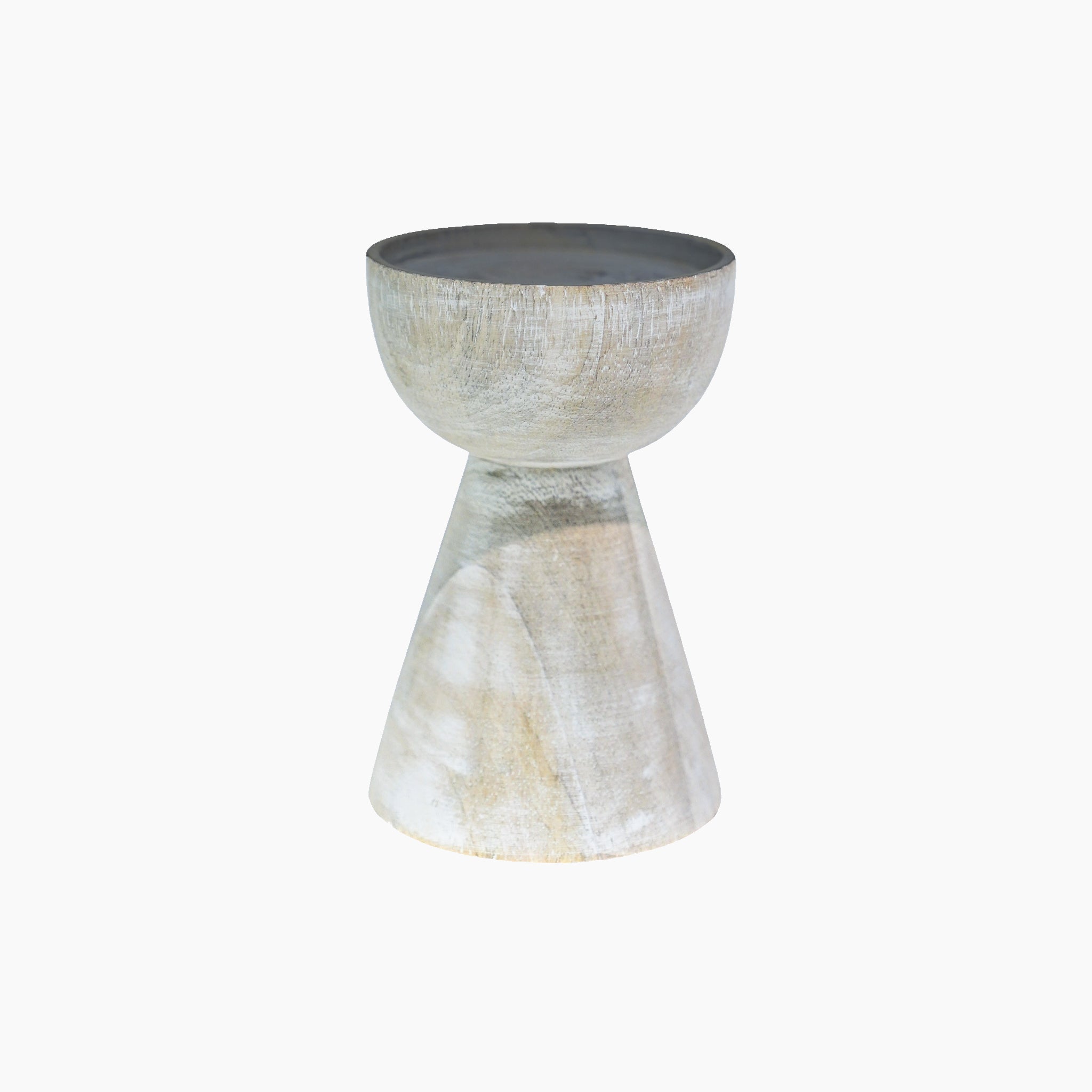 The Ivyline Padstow Whitewash Wooden Candle Holders, shaped like wooden cup sculptures with a wide bowl on a conical base, reflect elegance and eco-consciousness. Made from sustainable wood, this set of stylish candle holders graces any setting against its white backdrop.