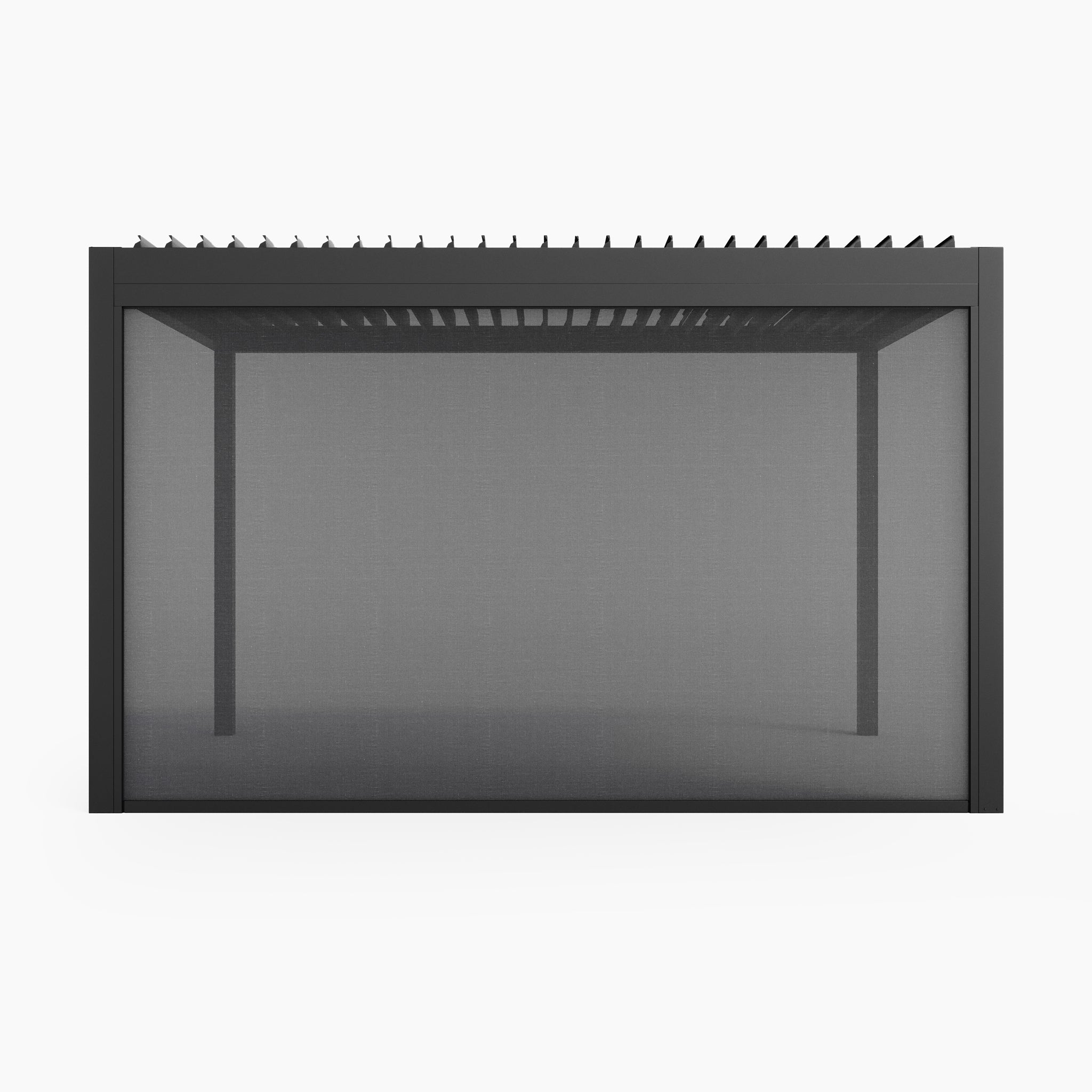 Introducing the sleek PergoSTET Deluxe Manual Side Blind 4m in Grey, a modern outdoor pergola with a minimalist design. It features a mesh screen and slatted roof, perfectly complementing any contemporary landscape.