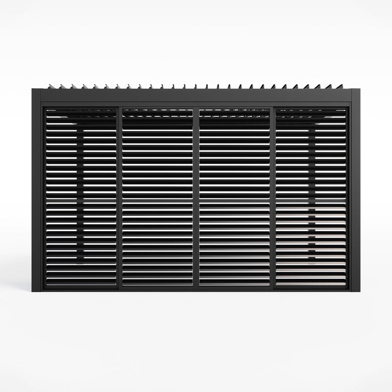 The PergoSTET Deluxe Grey Louvered Sliding Doors 4m features a modern design with horizontal slats against a white background.