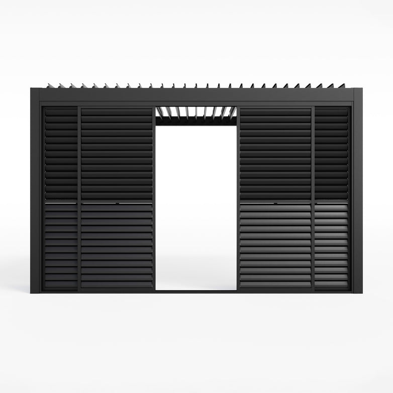 A PergoSTET Deluxe Louvred Sliding Doors 4m Side in Grey against a plain white background features a modern design with louvered slats and an open central walkway.