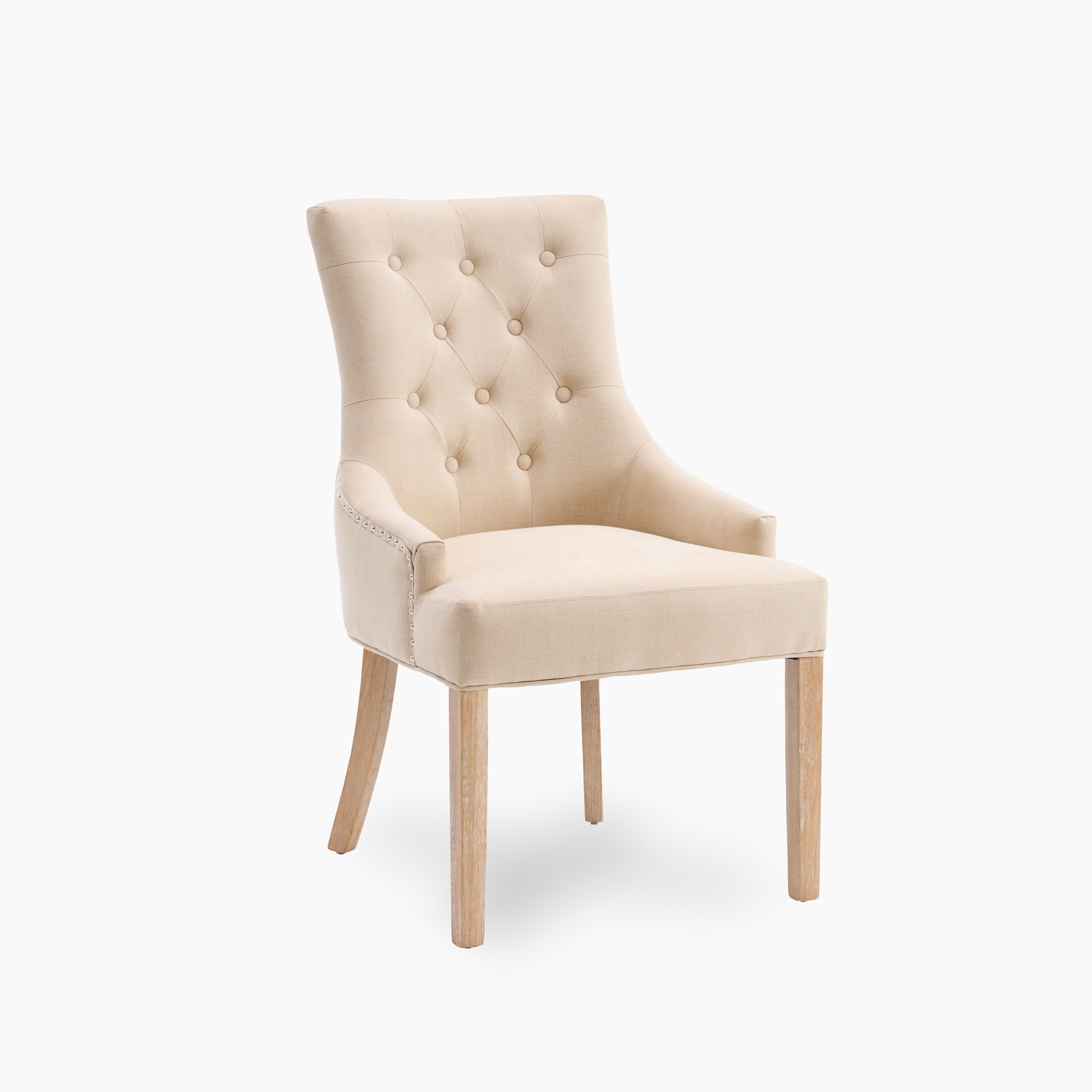 The Regent Chair Set of 2 in Beige showcases tufted back upholstery and luxurious light wooden legs, beautifully highlighted against a spotless white background.