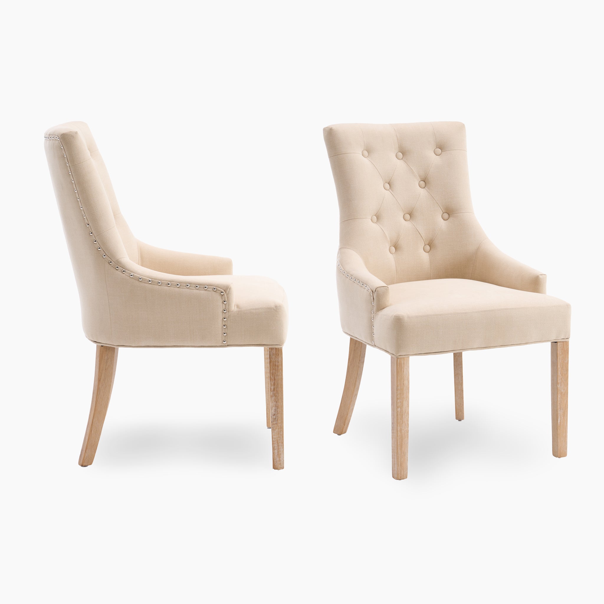 The Regent Chair Set of 2 in Beige showcases two elegantly tufted dining chairs with wooden legs, crafted from premium materials and displayed from side and front views.