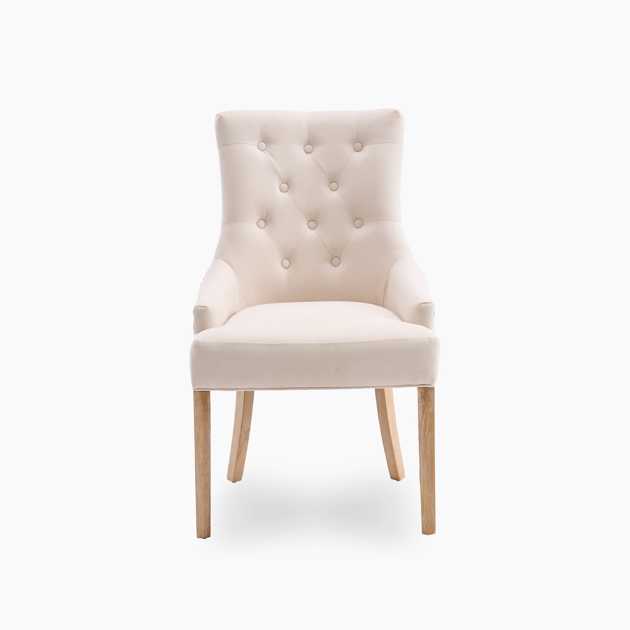 Ivory Regent Chair from a Set of 2, featuring a tufted back and light wooden legs, styled against a white backdrop.