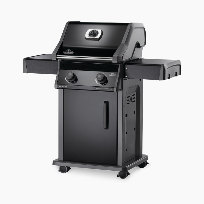 The Napoleon Rogue 365 Gas Barbecue boasts a sleek black finish and includes a lid, two control knobs, convenient side shelves, and a lower cabinet on casters for effortless mobility. Its cast-iron cooking grids provide even heat distribution, ensuring perfect grilling results every time.