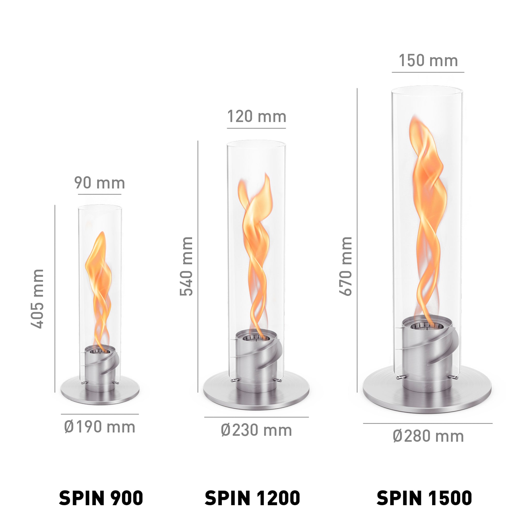 Three cylindrical tabletop fires of different sizes labeled Höfats SPIN 900 Tabletop Fireplace Silver, SPIN 1200, and SPIN 1500 with dimensions shown, featuring elegant decorative glass cylinders and fueled by clean-burning bioethanol.