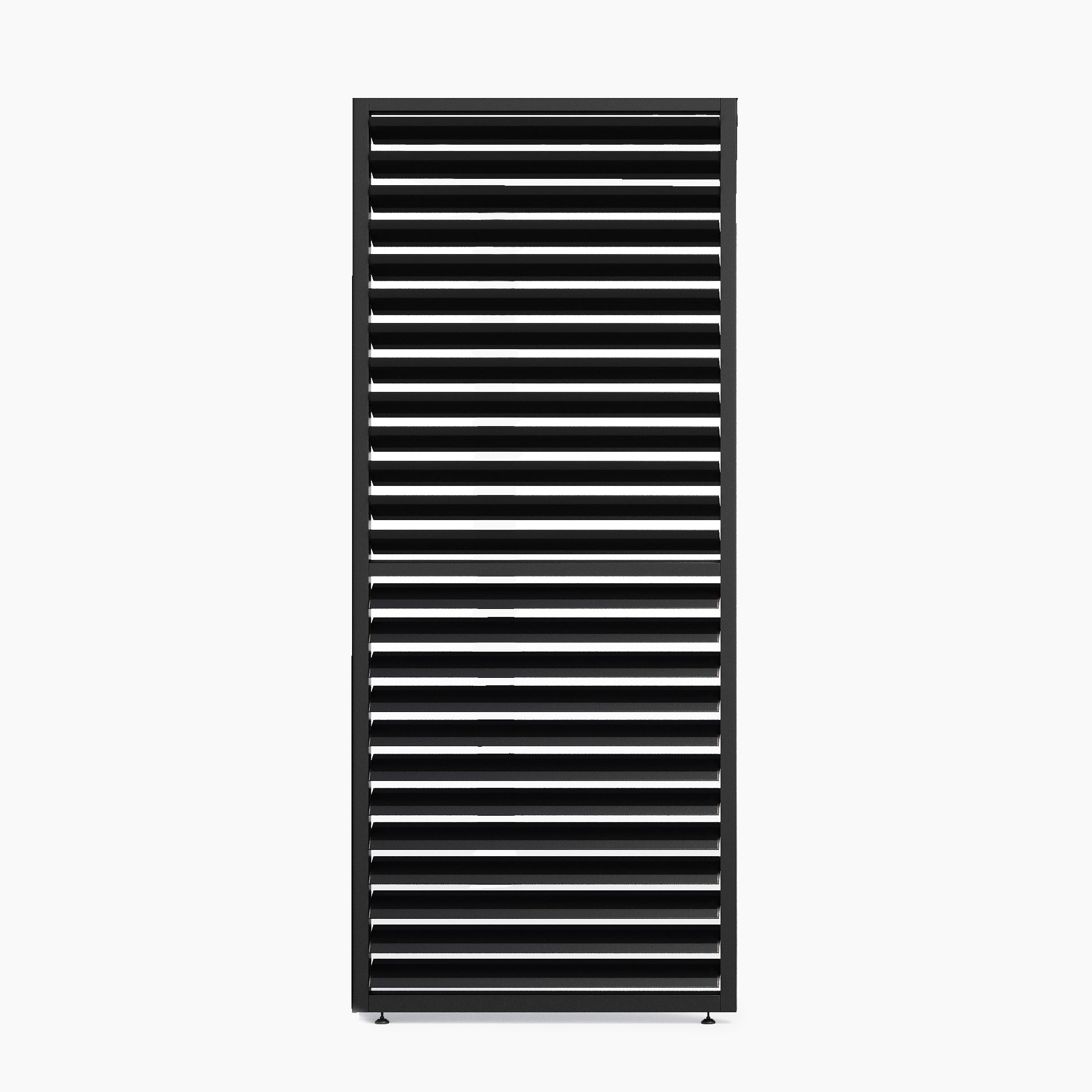 The PergoSTET Deluxe Louvred Side Panel for 4m Side in Grey features a black vertical slatted design crafted from weather-resistant materials, offering a minimalistic, modern look against a crisp white background.