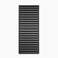 The PergoSTET Deluxe Louvred Side Panel for 4m Side in Grey features a black vertical slatted design crafted from weather-resistant materials, offering a minimalistic, modern look against a crisp white background.