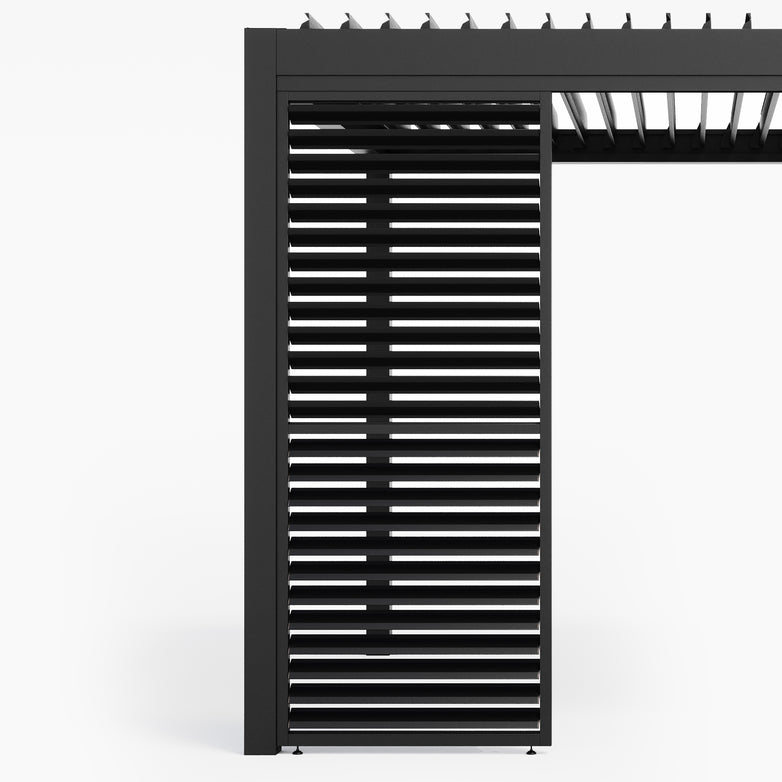 A close-up of the PergoSTET Deluxe Louvred Side Panel for 4m Side in Grey, featuring horizontal slats in sleek black metal with an aluminum panel, highlights its design against a white backdrop and emphasizes the use of weather-resistant materials.