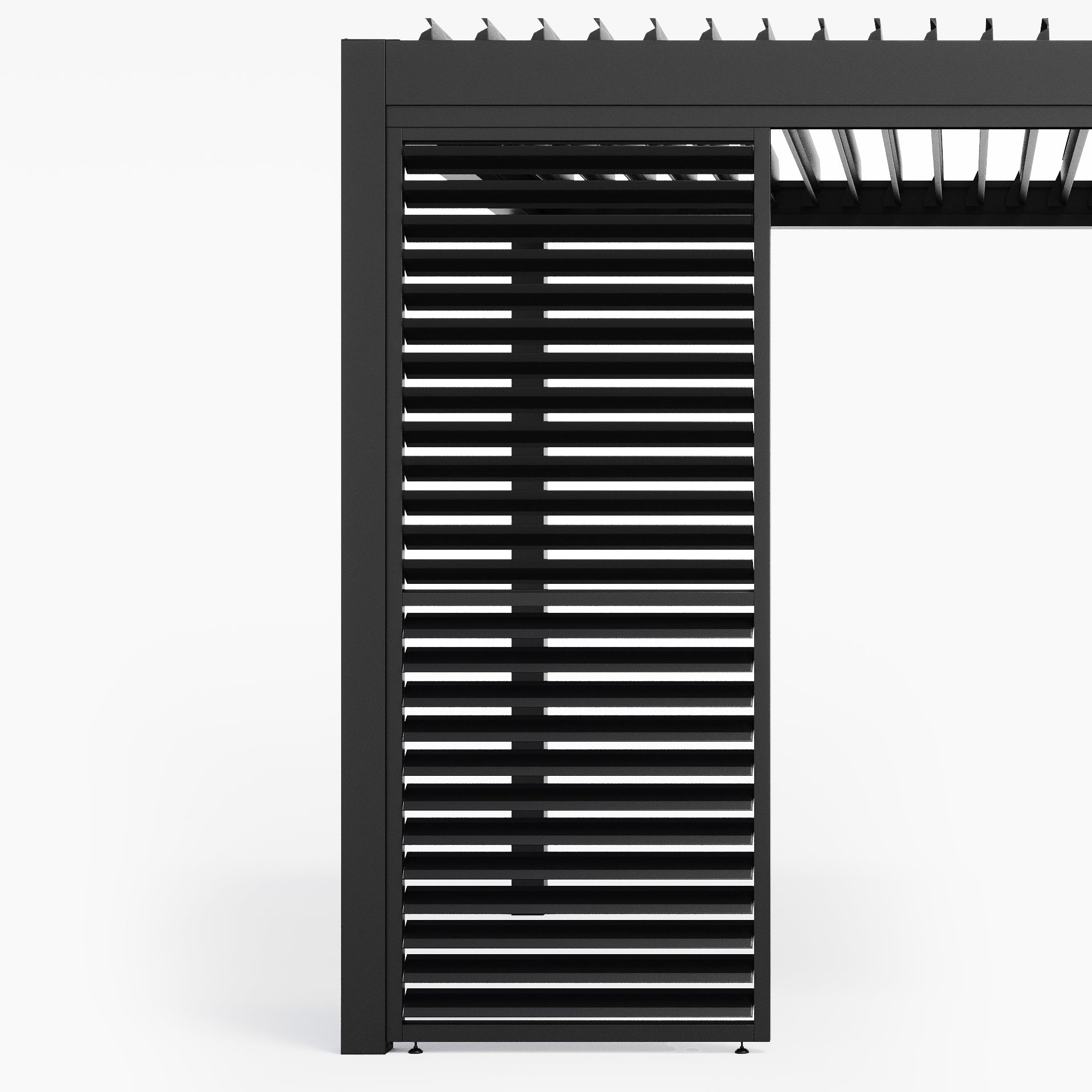 Introducing the PergoSTET Deluxe Louvred Side Panel for 3m Side in Grey: a sleek grey metal pergola with slatted aluminum for a modern look, featuring partially visible side panels against a plain background to enhance its contemporary feel.