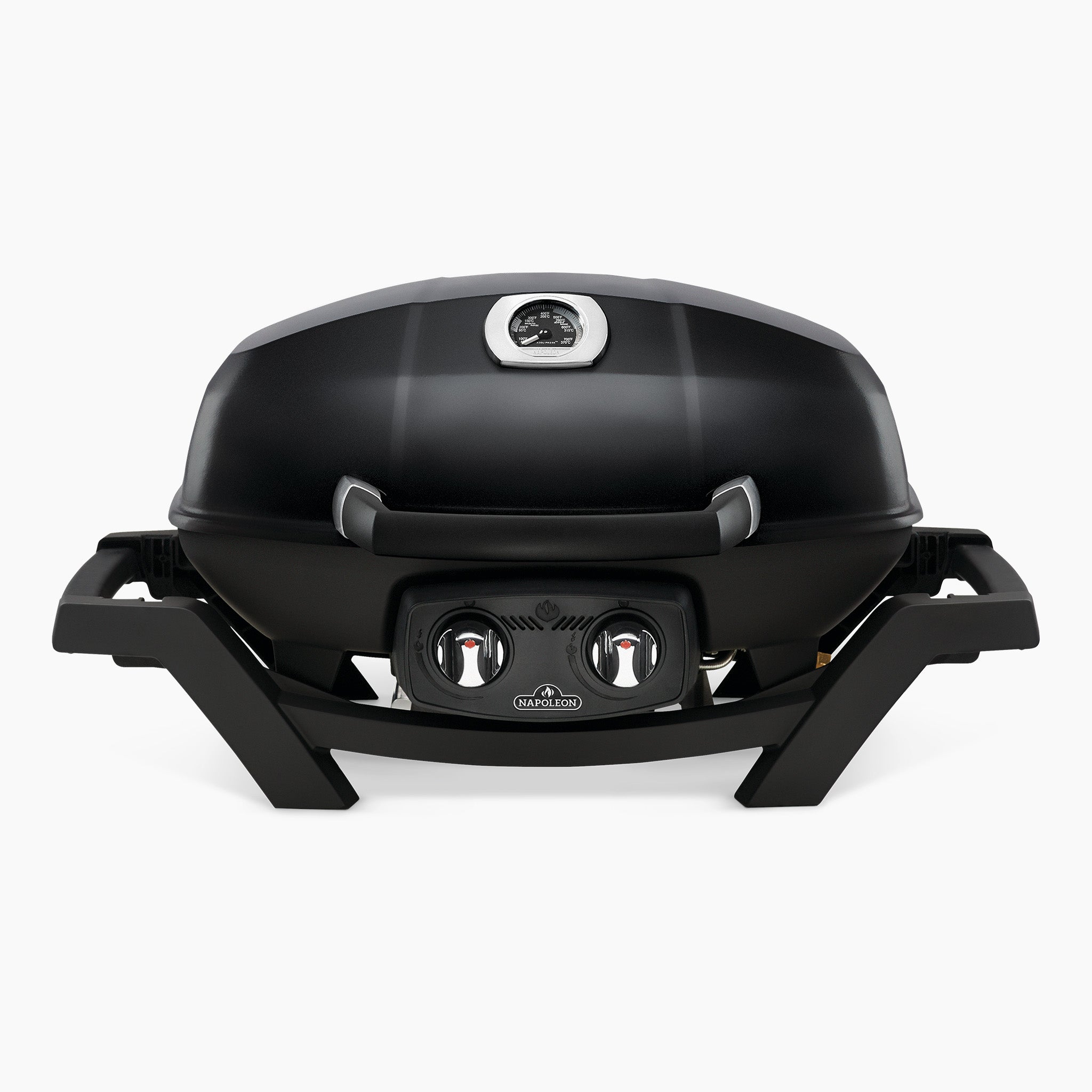 The Napoleon TravelQ Pro 285 Portable Gas Barbecue is a black, portable gas grill featuring dual control knobs and a temperature gauge on the lid.