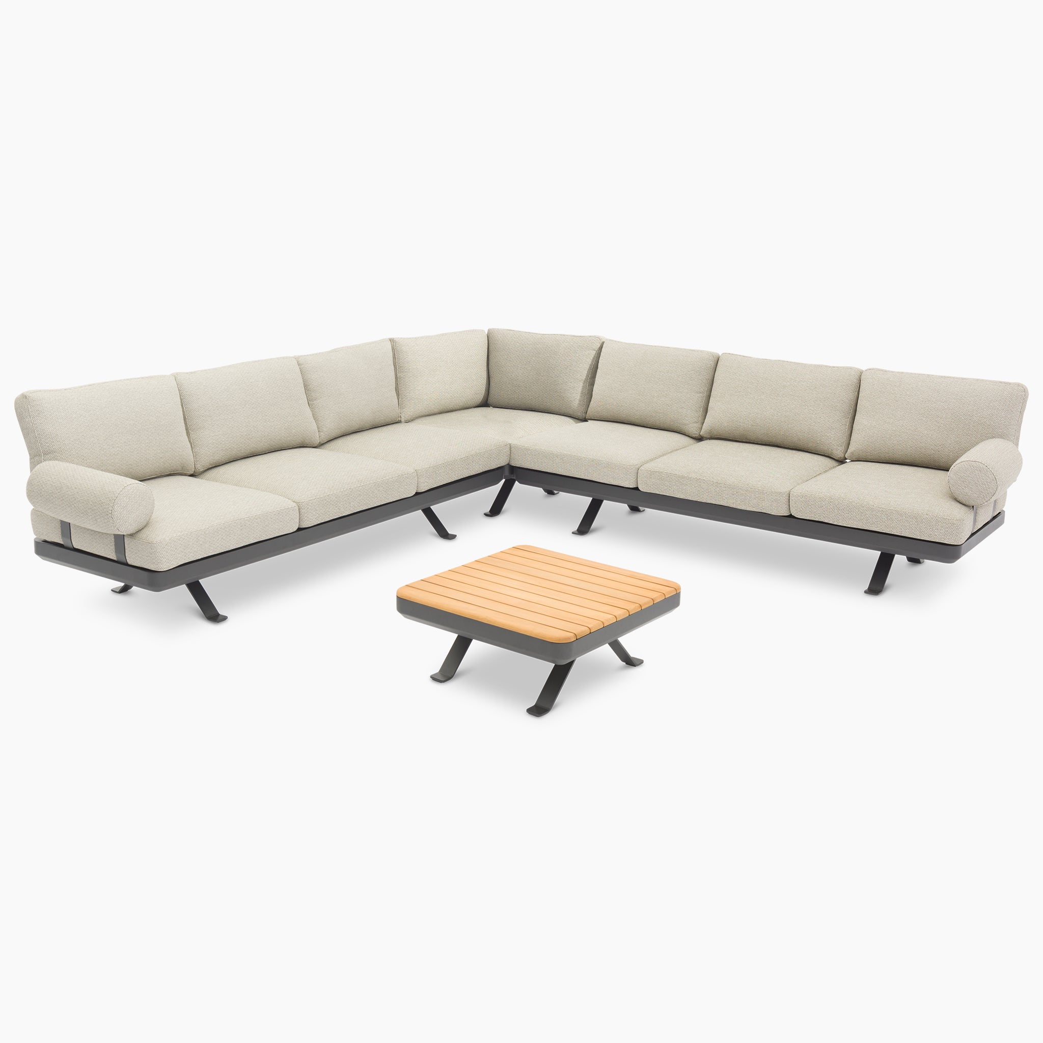 A light gray L-shaped sectional sofa with metal legs, part of the Vienna Corner Group Set in Grey, accompanied by a small square wooden coffee table on short black legs.