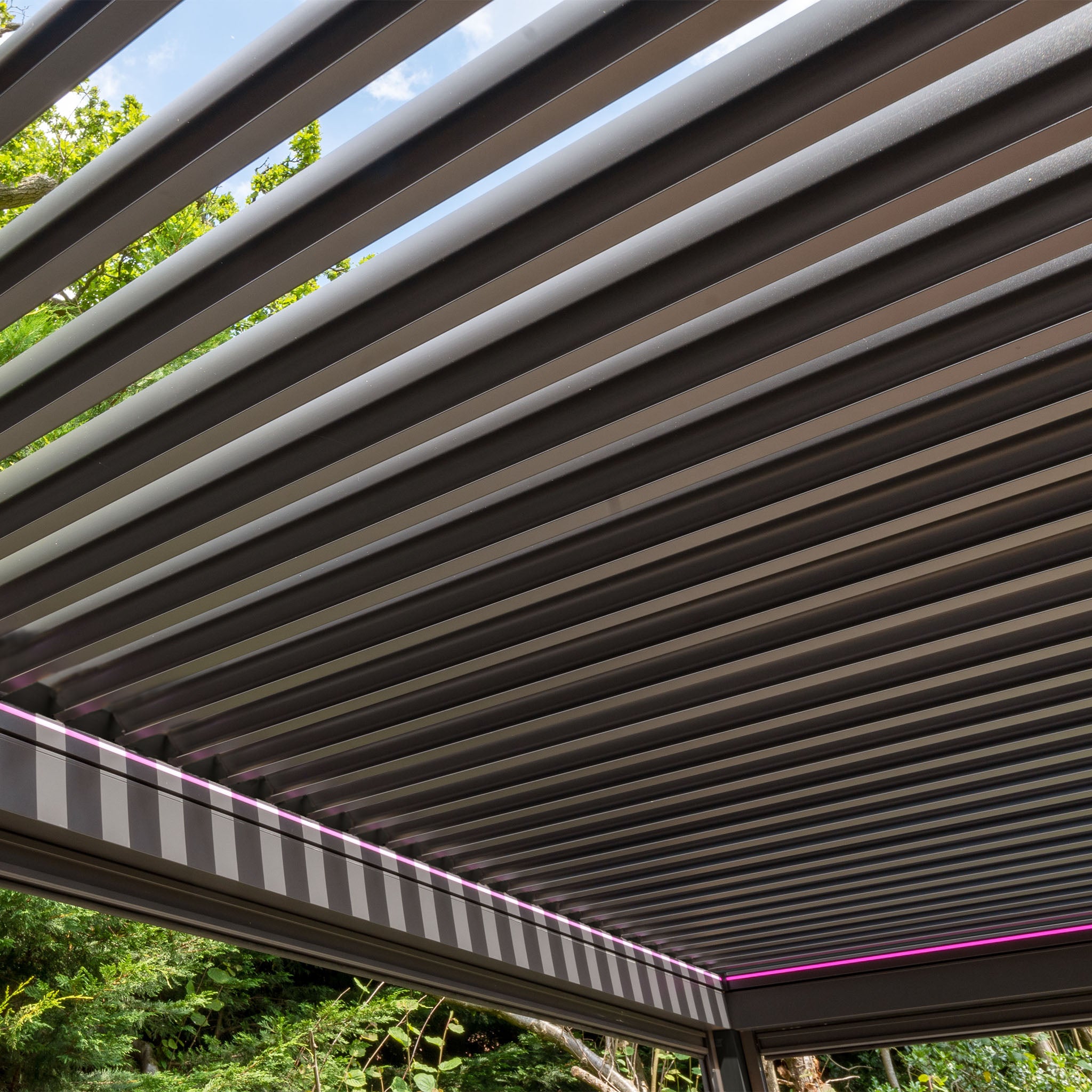 View of a modern PergoSTET 3m x 3m Square Pergola with 3 drop sides and integrated pink LED lighting in grey. Trees are in the background, and the structure features a built-in drainage system for added functionality.