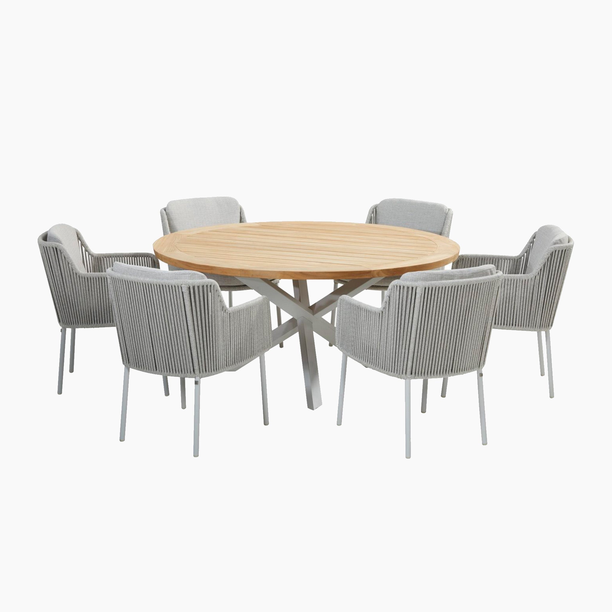 A round teak dining table in light grey with six cushioned chairs from the Bernini range, arranged around it on a white background, now available at a special sale price.