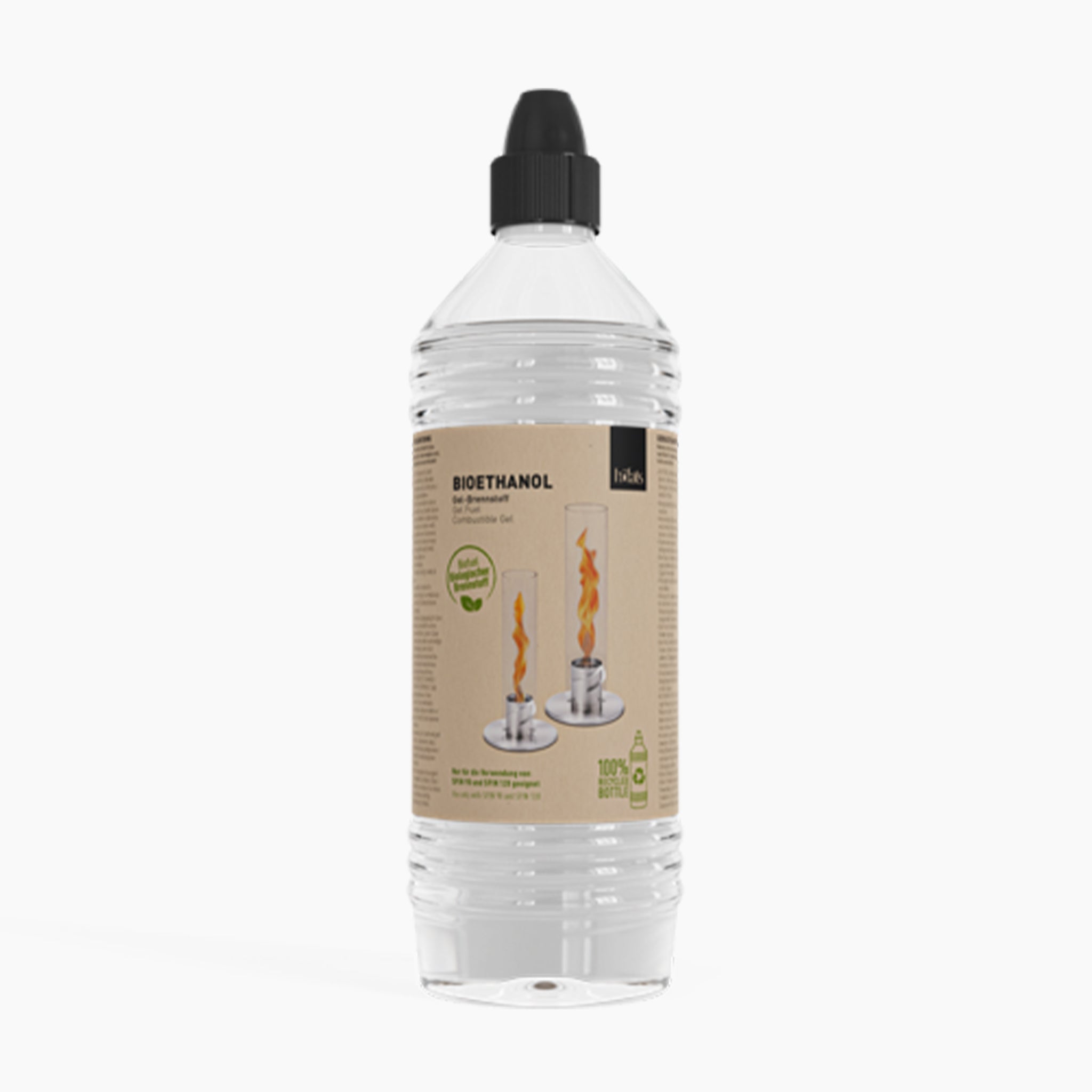 The Höfats Bioethanol Gel 1L Bottle for SPIN 90 & 120, featuring a black cap and flame imagery, highlights its CO²-neutral benefits. Made from renewable materials, it offers an eco-friendly flame option.