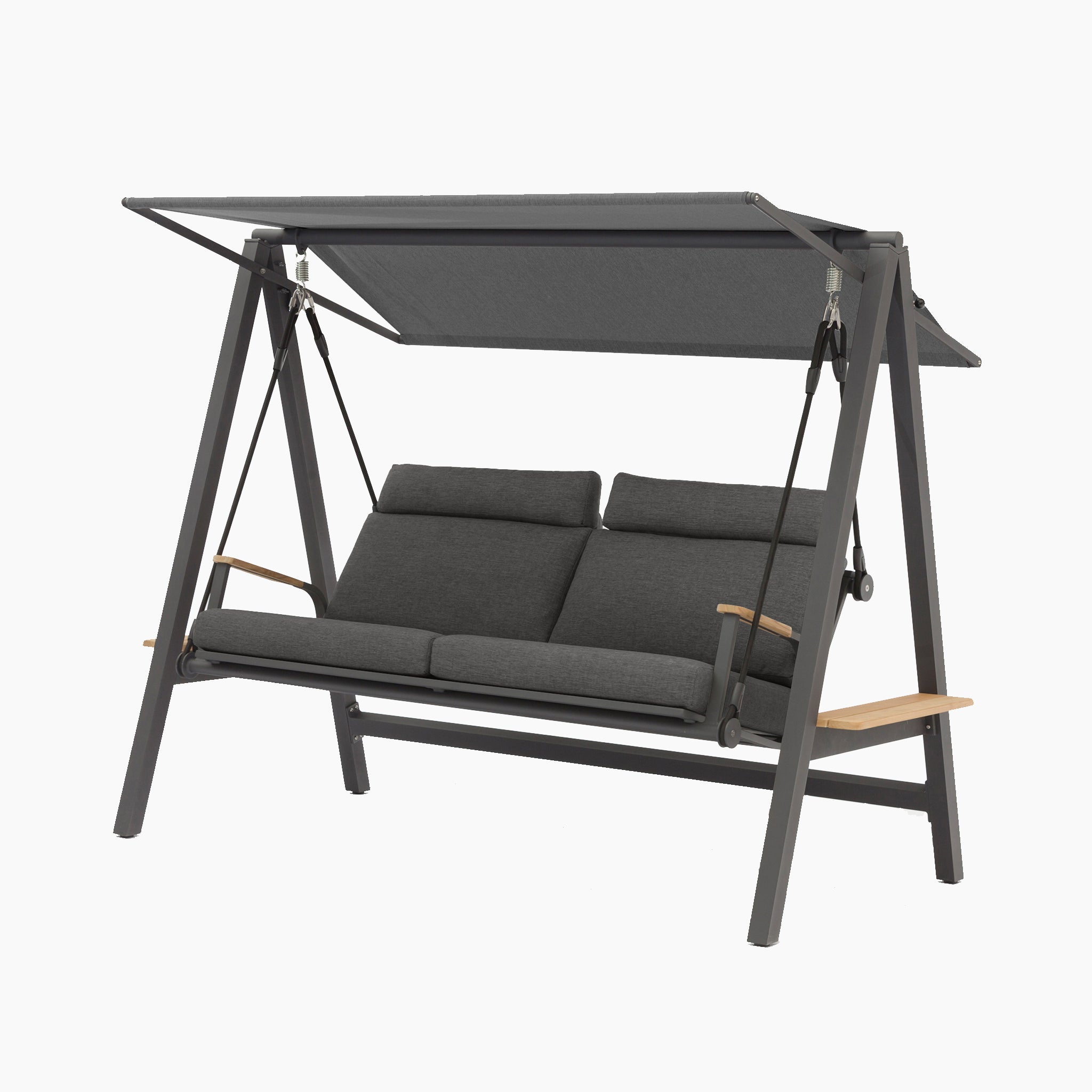 A Lima Deluxe Aluminium Swing Seat in Charcoal features a powder-coated aluminium frame, cushioned seats, and an Olefin canopy for comfortable and stylish outdoor relaxation.