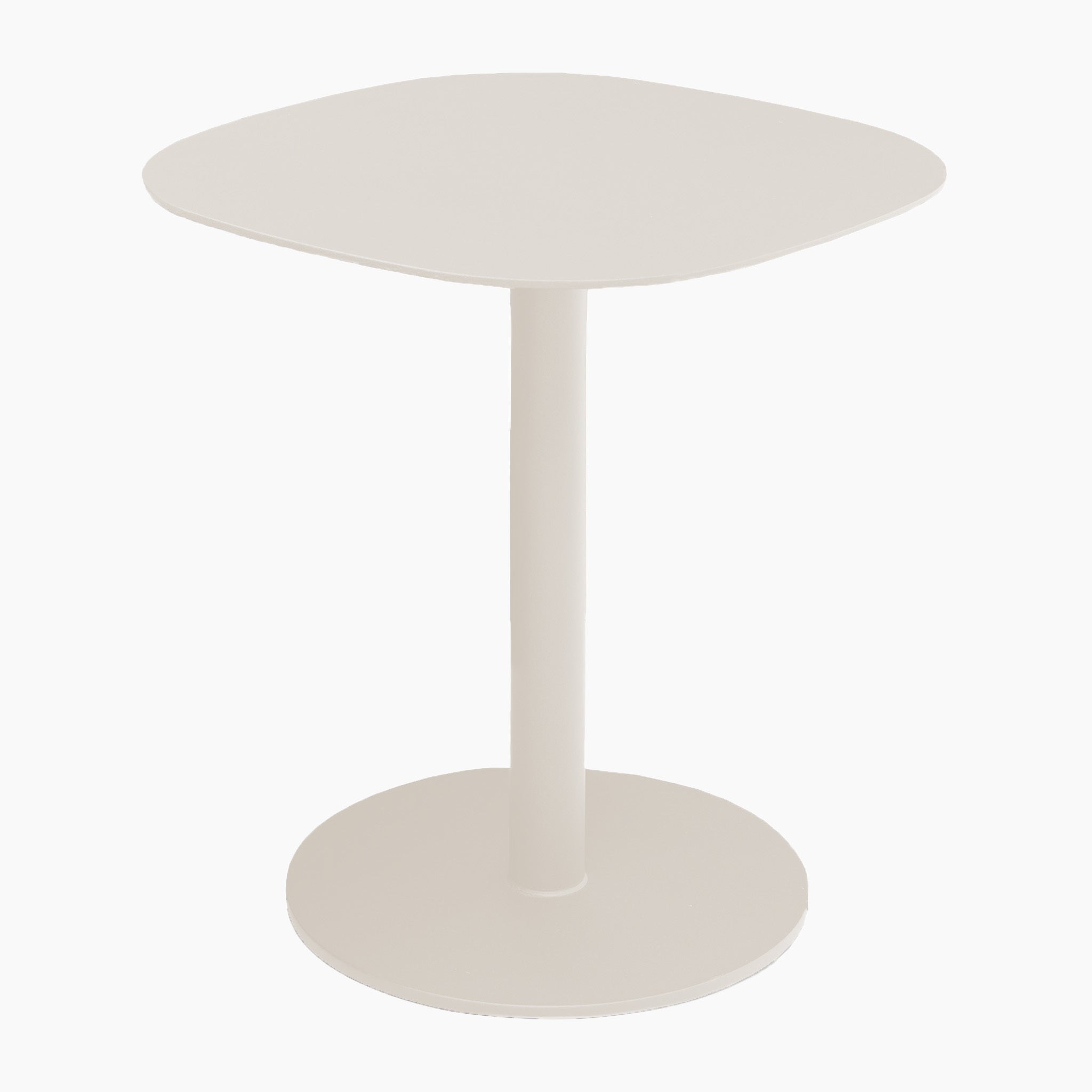 The Luna Range includes a latte side table measuring 45cm x 45cm, featuring a square pedestal design with rounded edges and circular base, crafted from weatherproof aluminum.