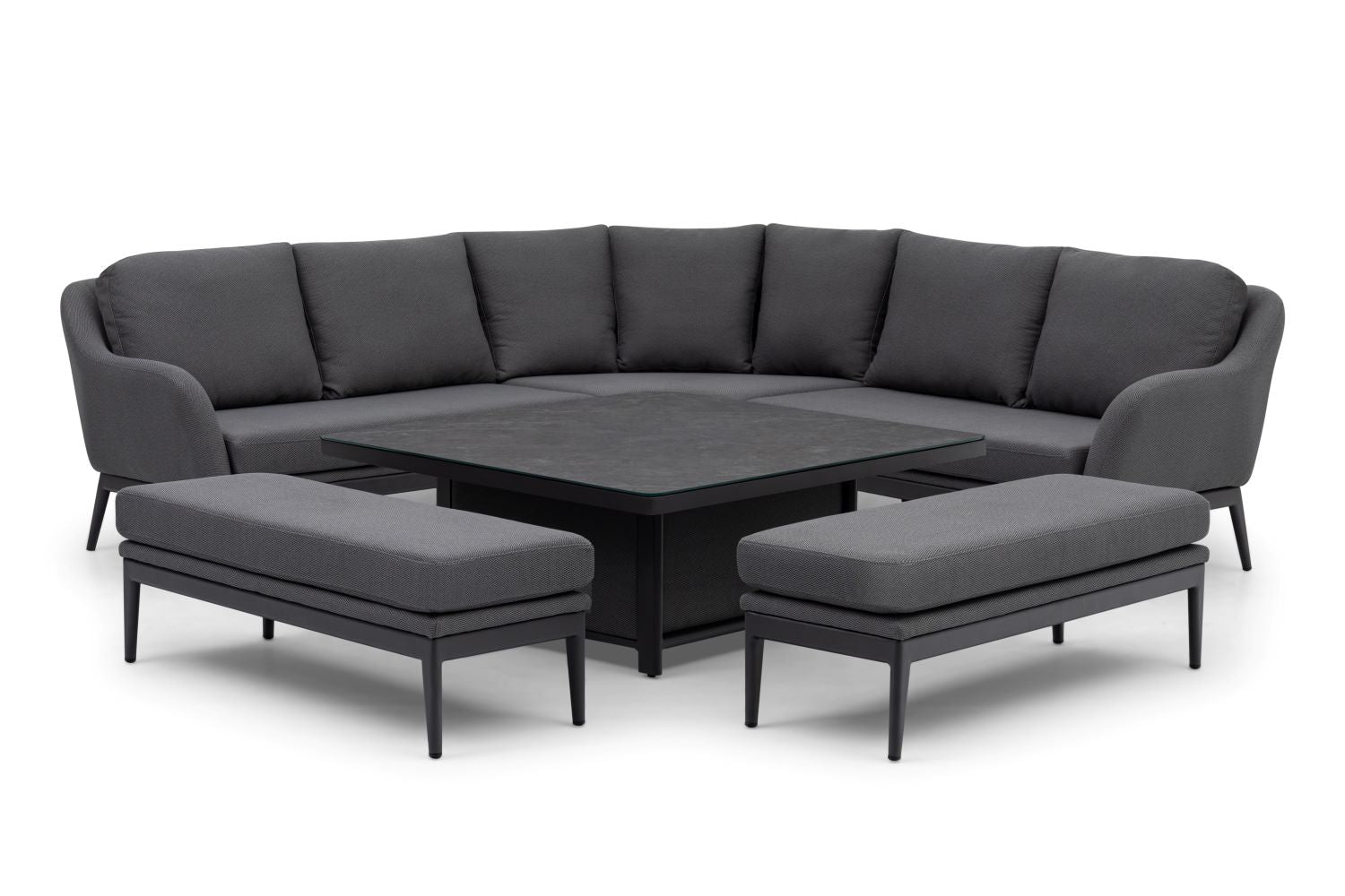 Crafted from all-weather material, the Luna Deluxe Outdoor Fabric Square Corner Dining Set with Rising Table in Grey features a stylish gray sectional sofa set and matching benches, elegantly arranged around a square coffee table with a sleek glass top. This Harbour Lifestyle set is perfect for outdoor gatherings.