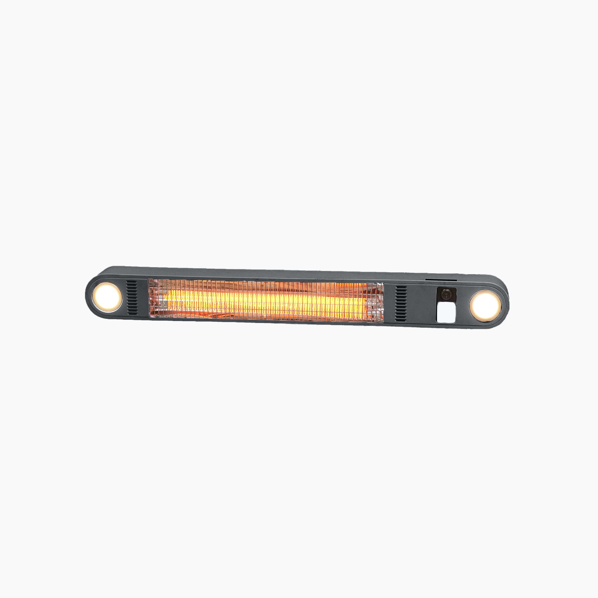 A rectangular electric heater with a glowing orange element, featuring two circular LED lights on either end, and remote-controlled functionality for seamless adjustments, named the FREE PergoSTET Wifi & Bluetooth Heater in Grey.