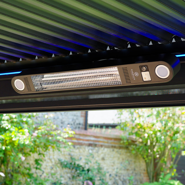 Mounted the FREE PergoSTET Wifi & Bluetooth Heater in Grey on a modern pergola, using its remote-controlled functionality, all set against a picturesque garden background.