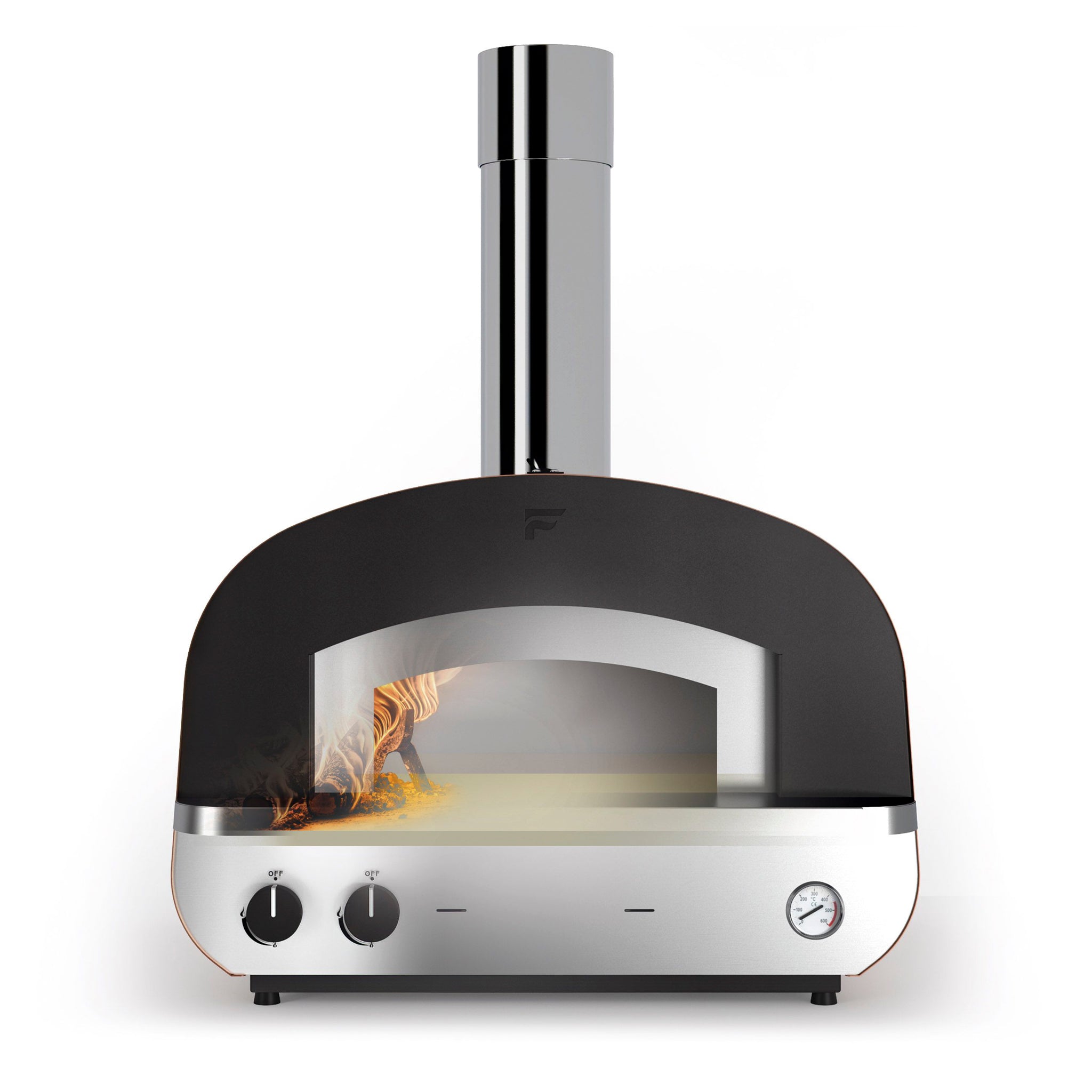 The Fontana Piero Build-In Gas & Wood Fired Pizza Oven is a portable outdoor pizza oven that boasts a chimney, an internal firebox, control knobs, and a temperature gauge—ideal for backyard gatherings and gourmet adventures.