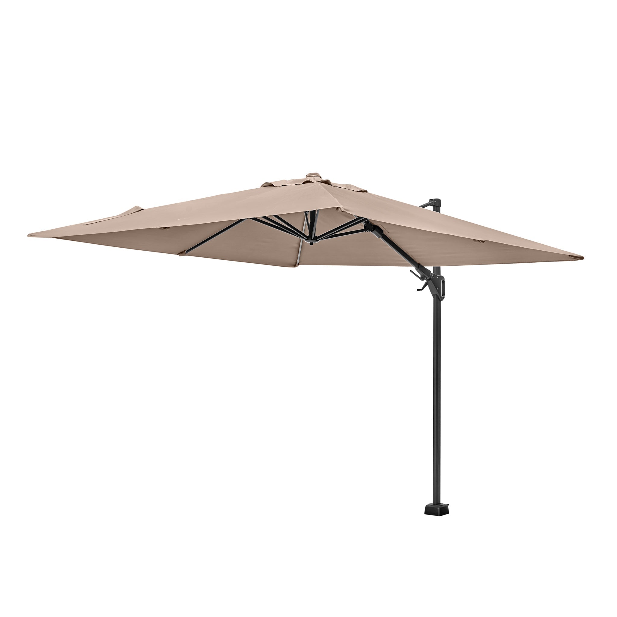 A grey Voyager T2 2.7m Square cantilever parasol with a 360° tilt feature and black metal stand, supported by an aluminium pole, shown against a white background.