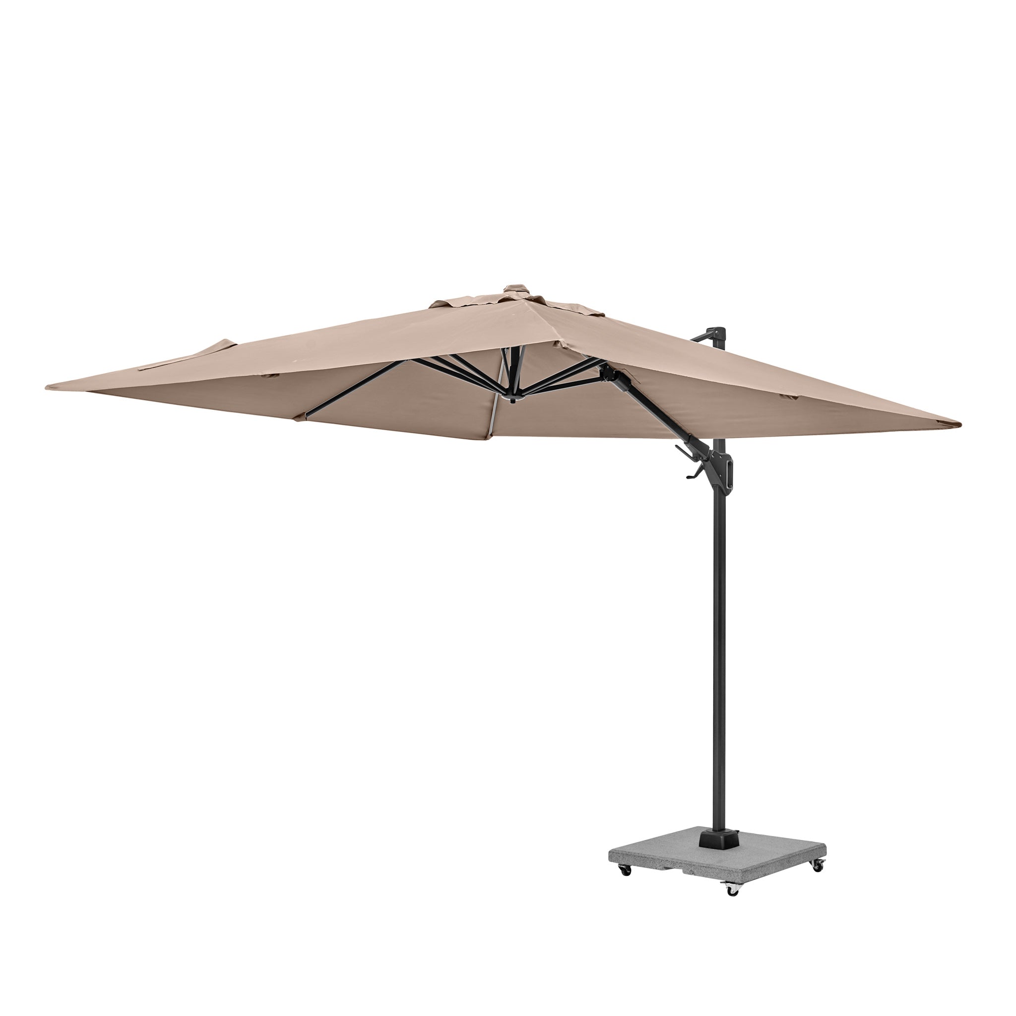 Taupe square patio parasol with a black metal stand and base, featuring an adjustable 360° tilt mechanism for versatile shading. Perfectly suited for any outdoor space, this Voyager T2 2.7m Square Parasol delivers both style and functionality.