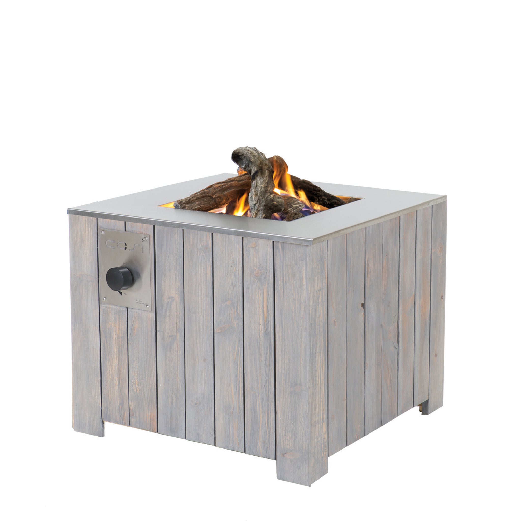 The Cosicube 70 Grey Wash Fire Pit is a square wooden propane fire pit with electronic ignition, showcasing flames and logs on top and equipped with a control knob on one side.