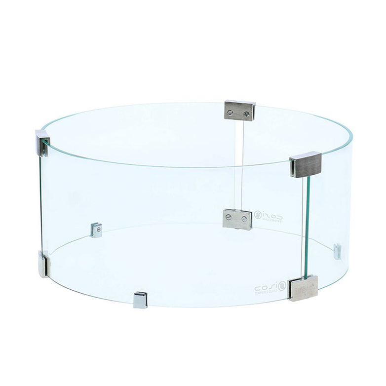 The Cosi - Cosiglass Set Round Fire Pit features a round glass set with metal brackets for a Cosidrum firepit, creating a luxurious look with its sleek circular design.