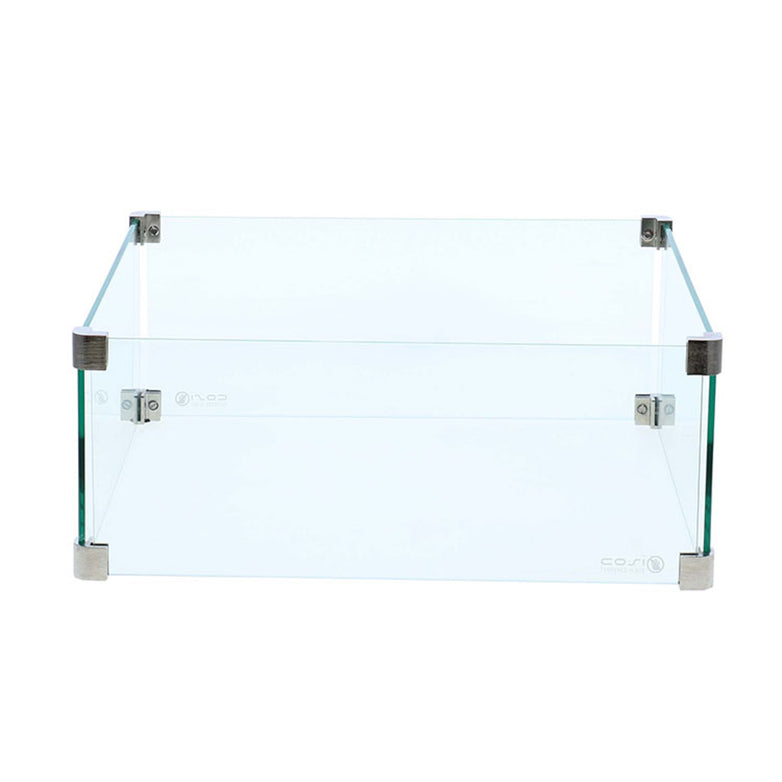 The Cosi - Cosiglass Set Square Fire Pit Large is a transparent glass square box with robust metal corner brackets, ideal for adding elegance to any white background.