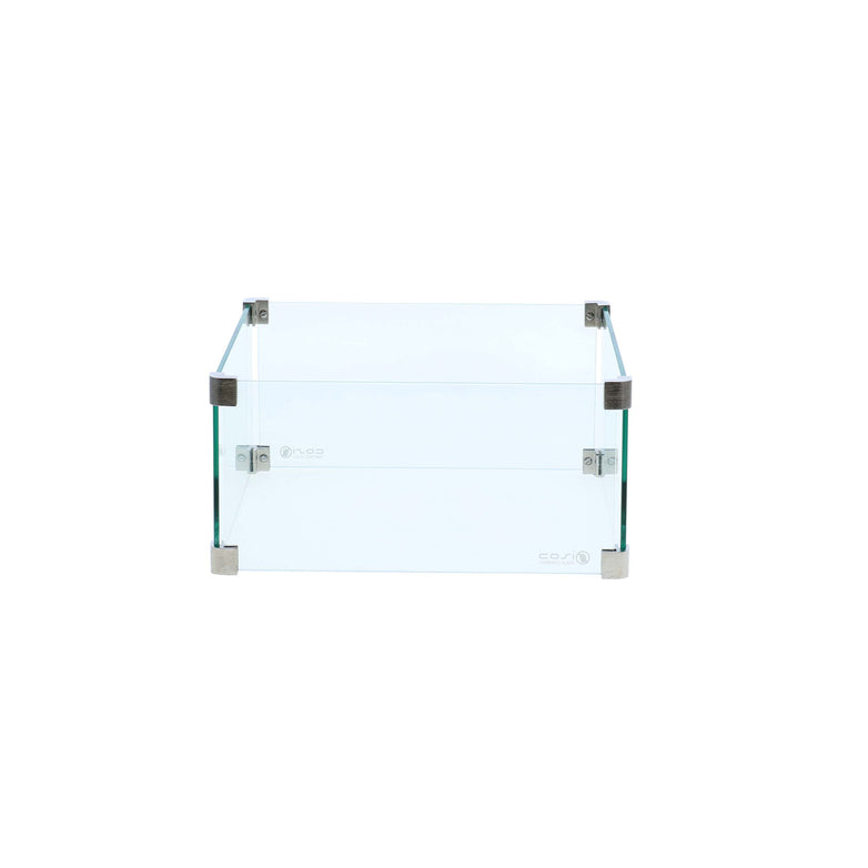 A clear glass box with metal corner brackets, seen from the side, resembles a medium Cosi - Cosiglass Set Square Fire Pit design.