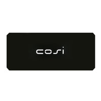 The design of the sleek black rectangle with rounded corners elegantly frames "cosi" in white lowercase letters at the center, echoing the modern aesthetic of the Cosi - Cover Plate Oblong for Straight Glass Set.