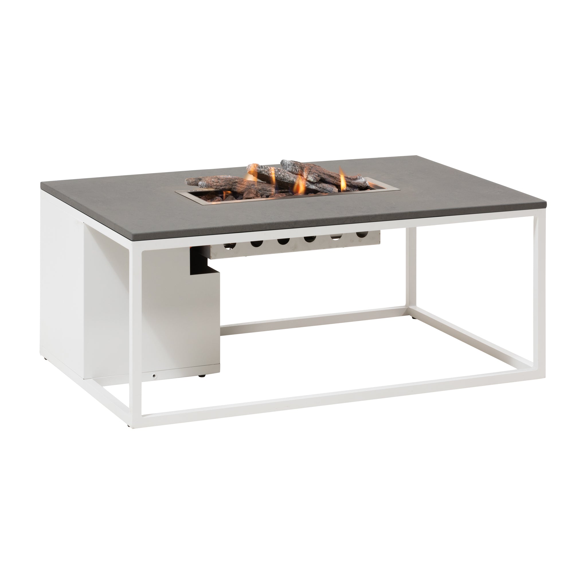 A modern, rectangular outdoor fire pit table with a sleek design and central flame area, set on a white metal frame and featuring a concrete-effect top. Perfect for any Cosiloft 120 White and Grey Fire Pit Table setup in your outdoor lounging area.