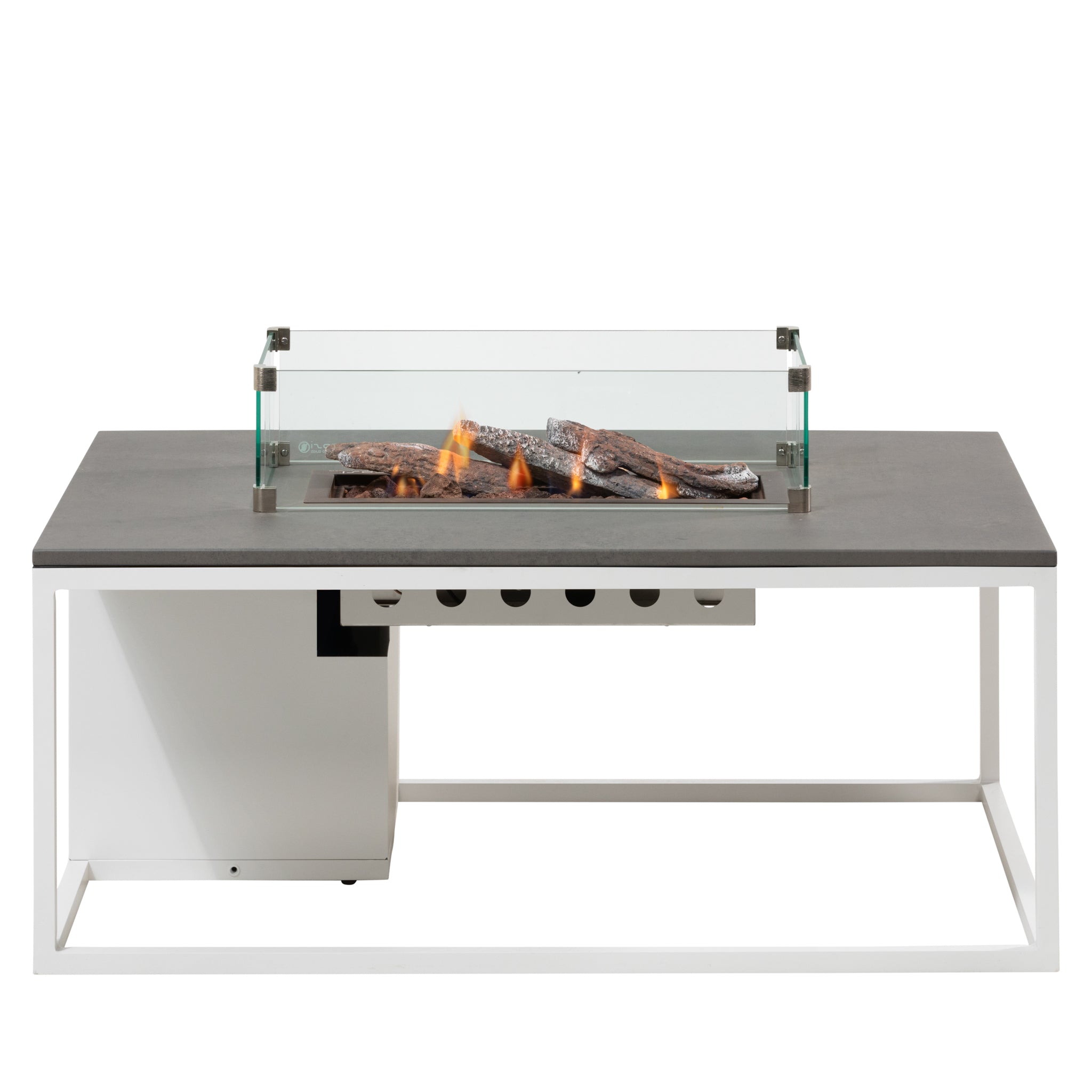 The Cosi - Cosiloft 120 White and Grey Fire Pit Table features a concrete-effect rectangular metal base, a glass wind guard, and burning logs on a white background, ideal for enhancing your outdoor lounging experience.