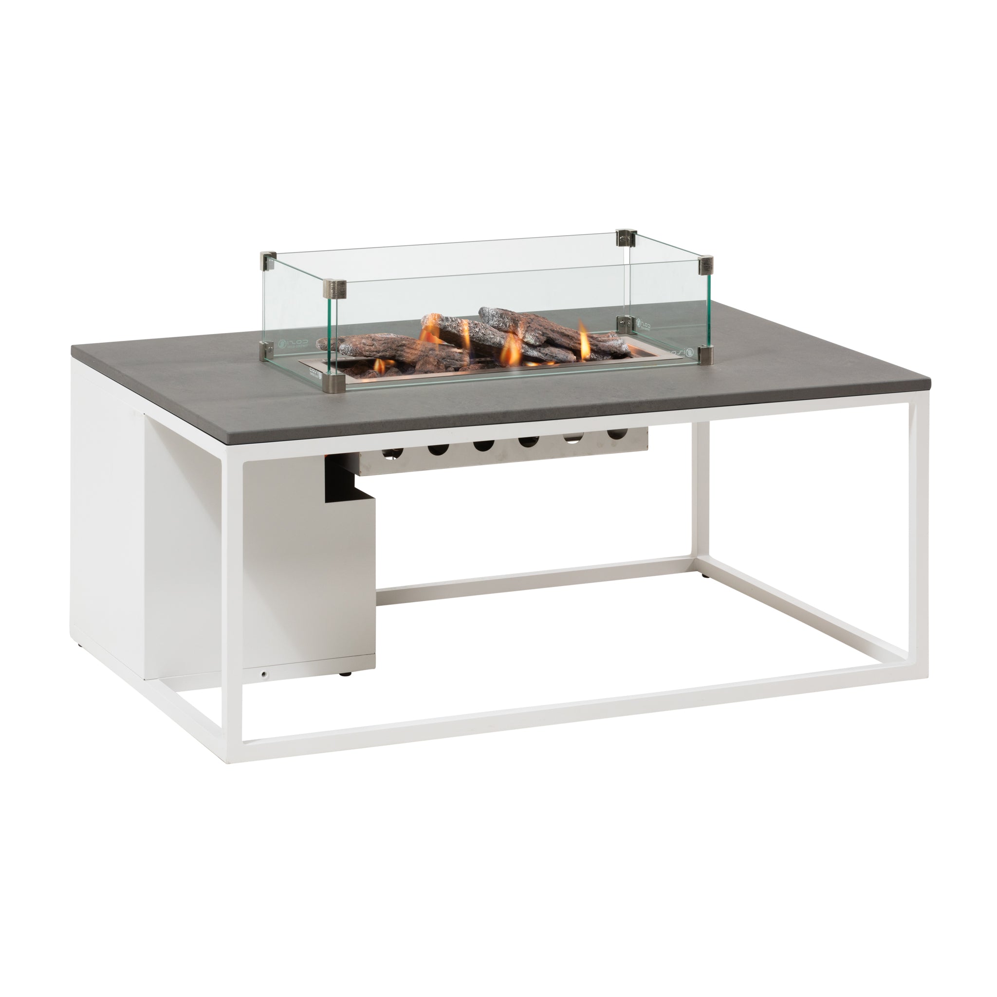 The Cosiloft 120 White and Grey Fire Pit Table features a rectangular, modern design with a concrete effect top, glass wind guard, and decorative log ignition—perfect for enhancing your outdoor lounging area.