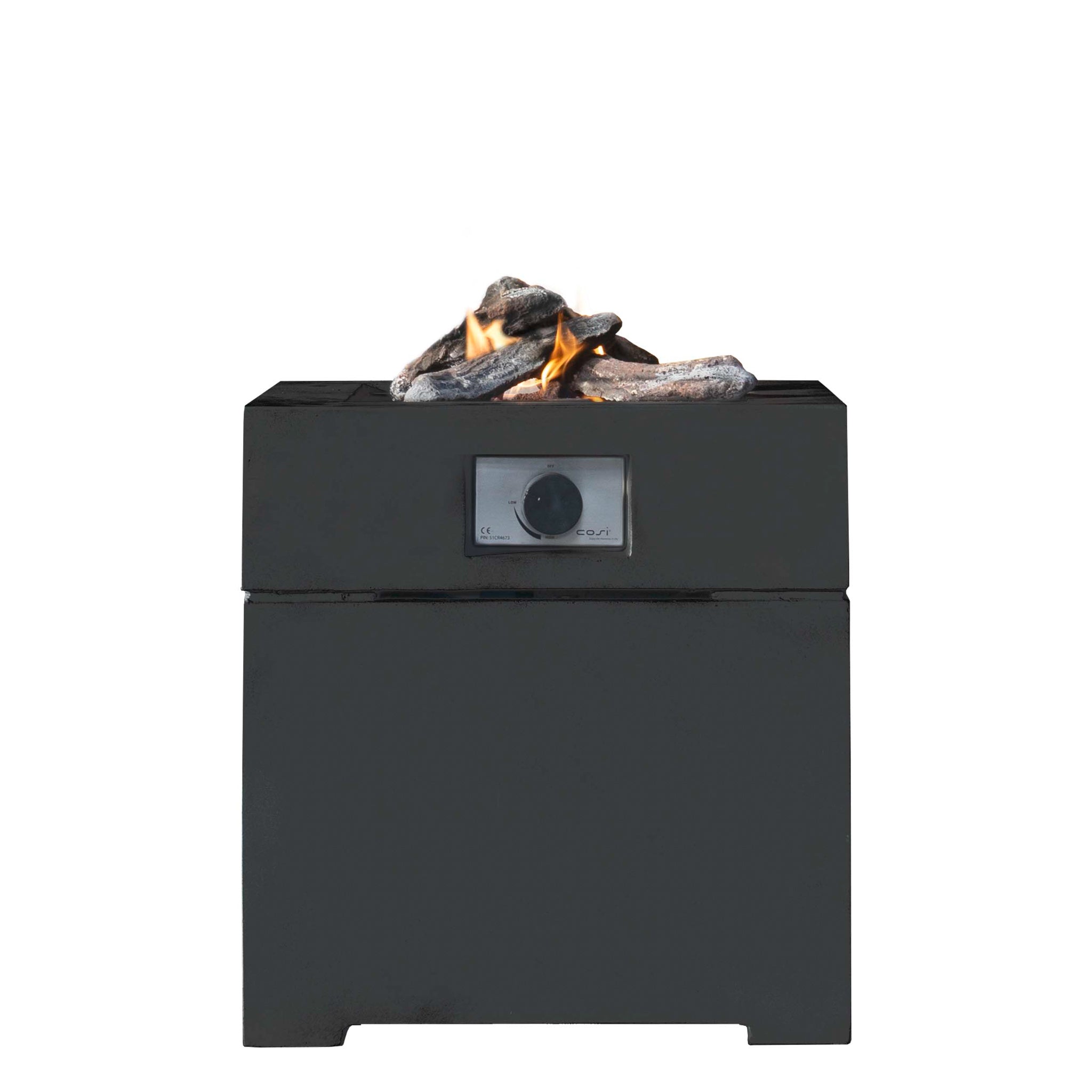 A Cosibrixx 60 Anthracite Fire Pit with electric ignition and burning logs on top against a white background.