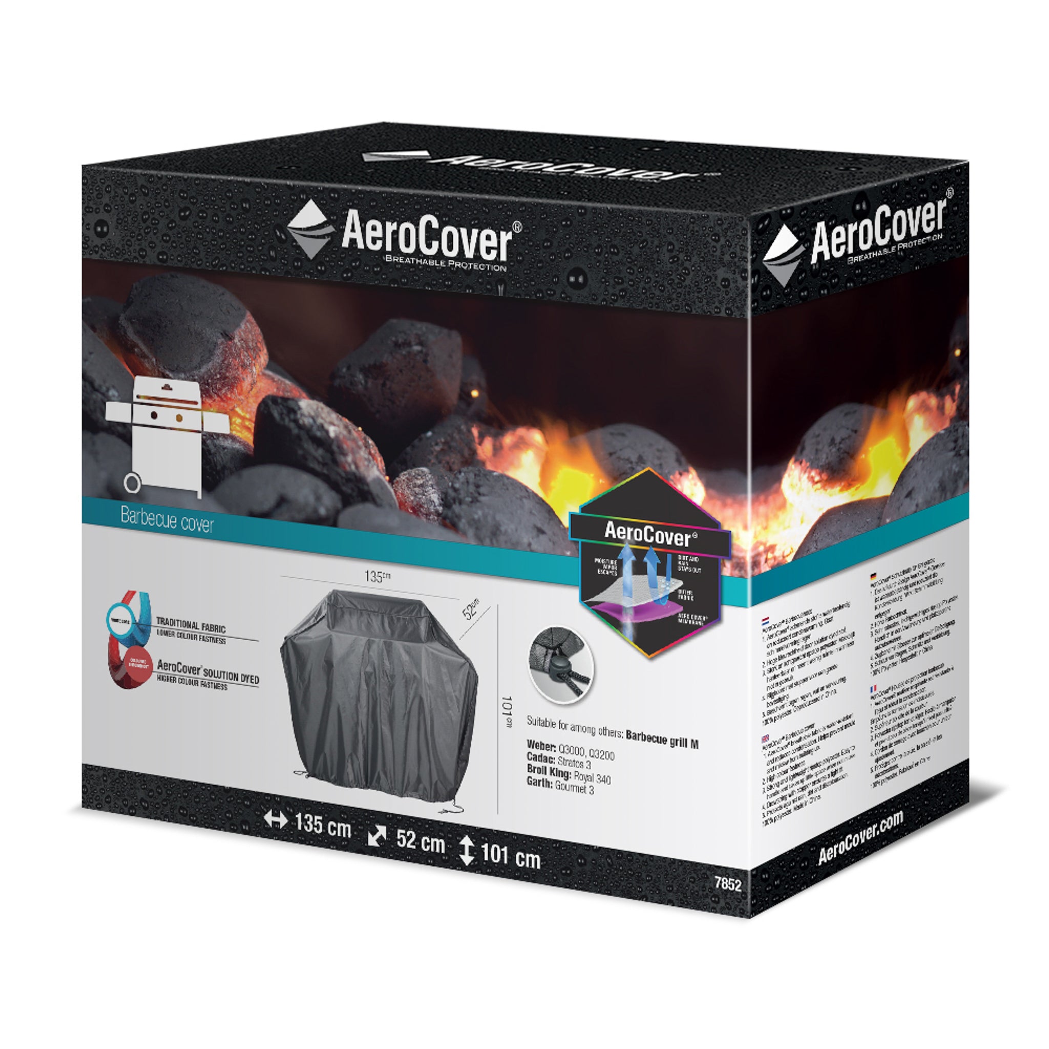 Box featuring an AeroCover Gas Barbecue Cover 135 x 52 x 101cm high, with a product image and a fiery barbecue background.