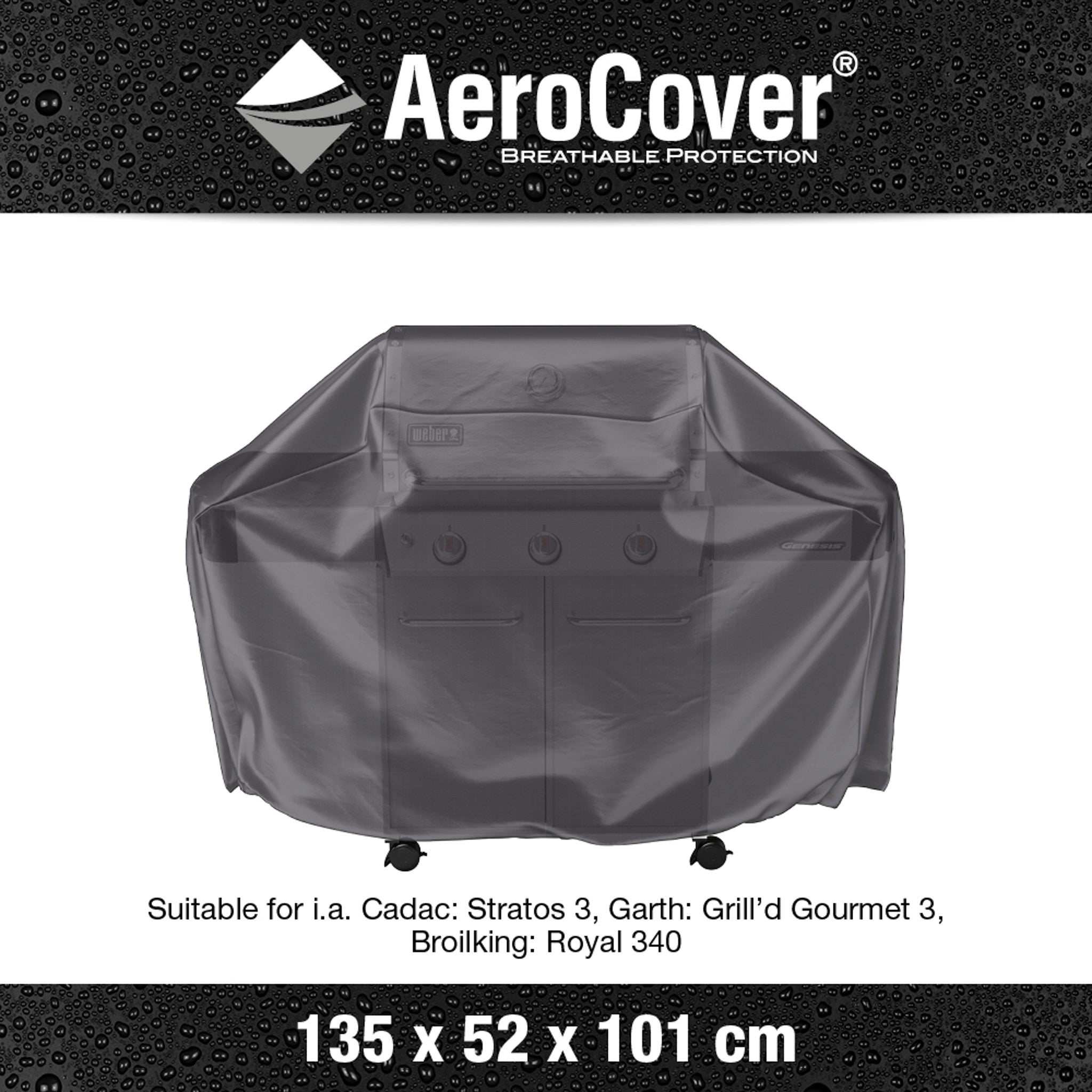 A black AeroCover - Gas Barbecue Cover, breathable and water-resistant, with dimensions of 135 x 52 x 101 cm, designed to protect a gas barbecue grill.