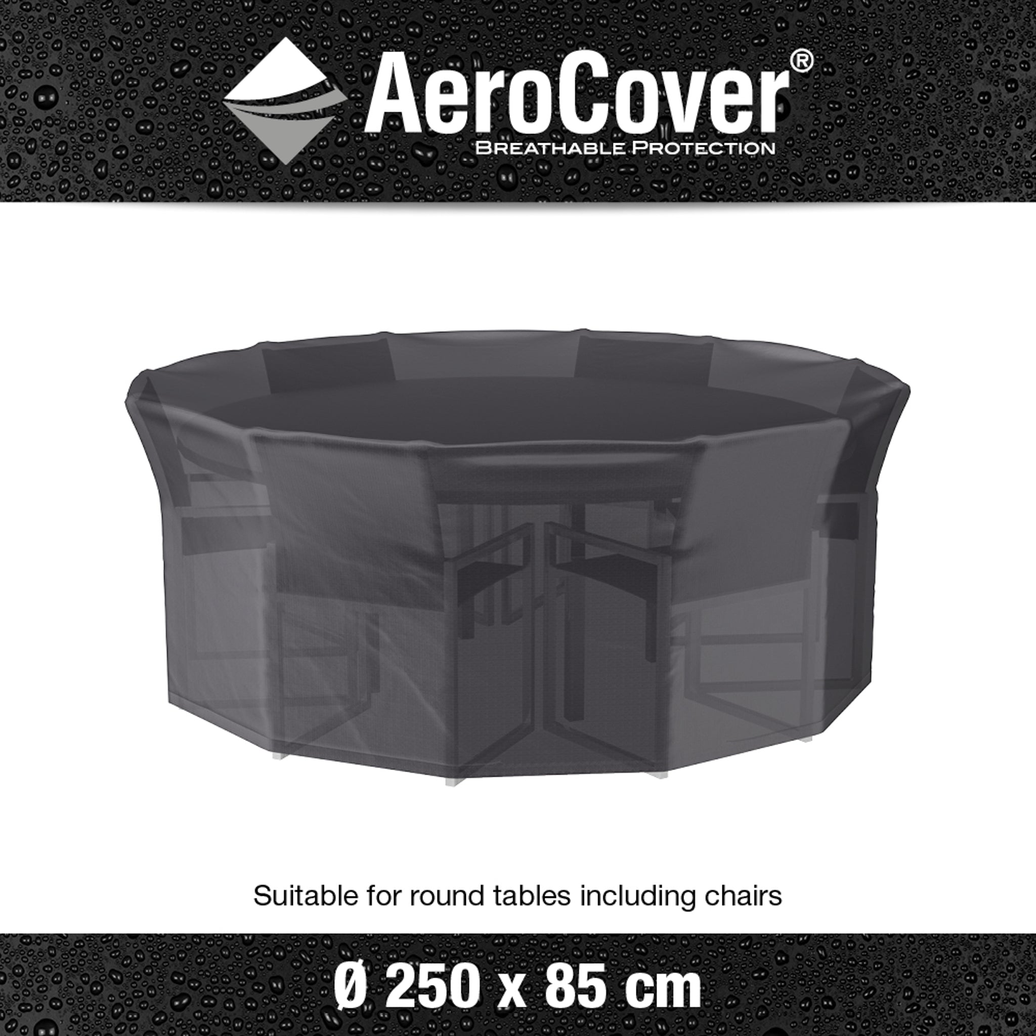 The AeroCover - Garden Set Round Cover, with dimensions of 250 cm in diameter and a height of 85 cm, is UV protected and water-resistant to keep your outdoor tables and chairs pristine throughout the year.