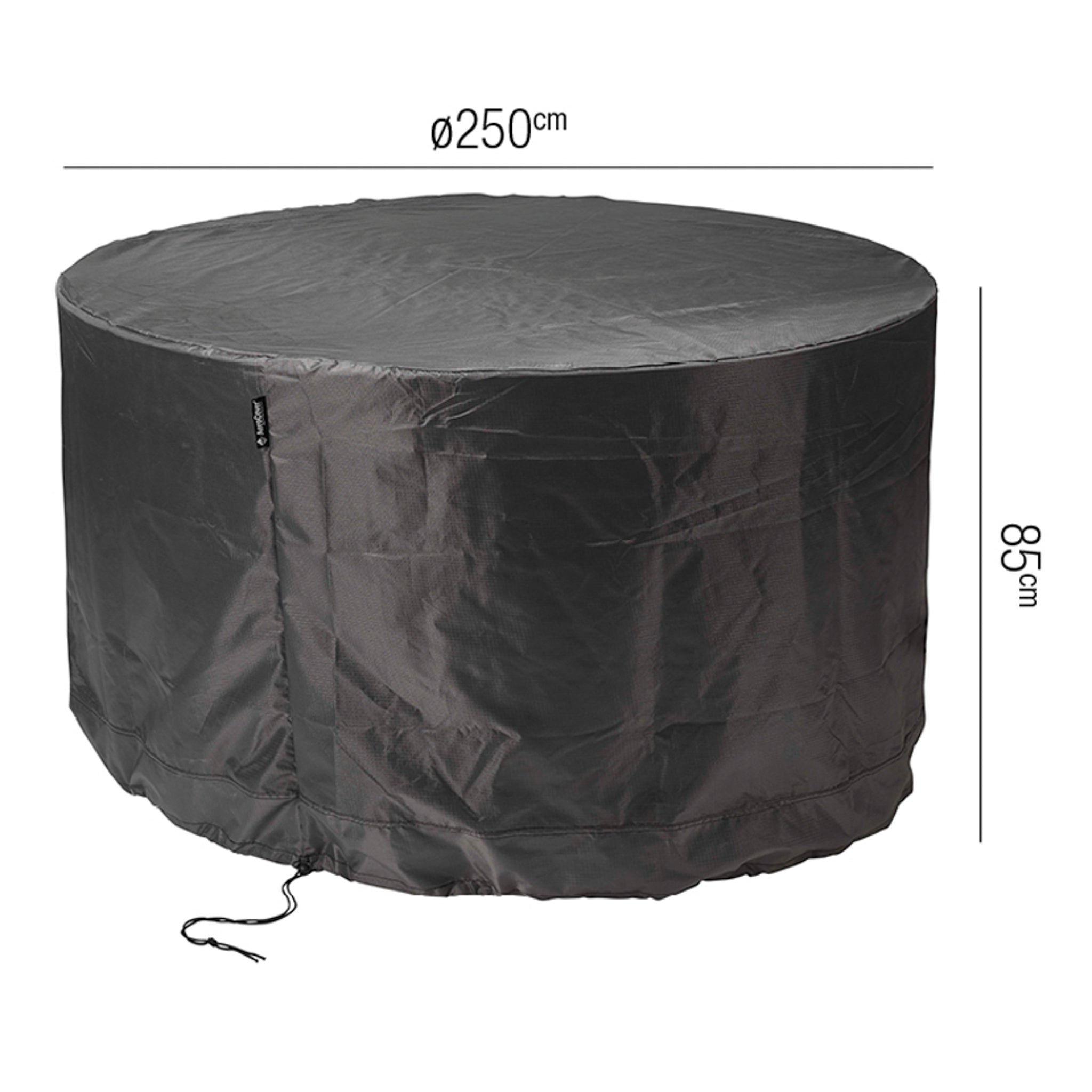 The AeroCover - Garden Set Round Cover, measuring 250 cm in diameter and 85 cm in height, is water-resistant and UV-protected to shield your outdoor furniture from the elements.