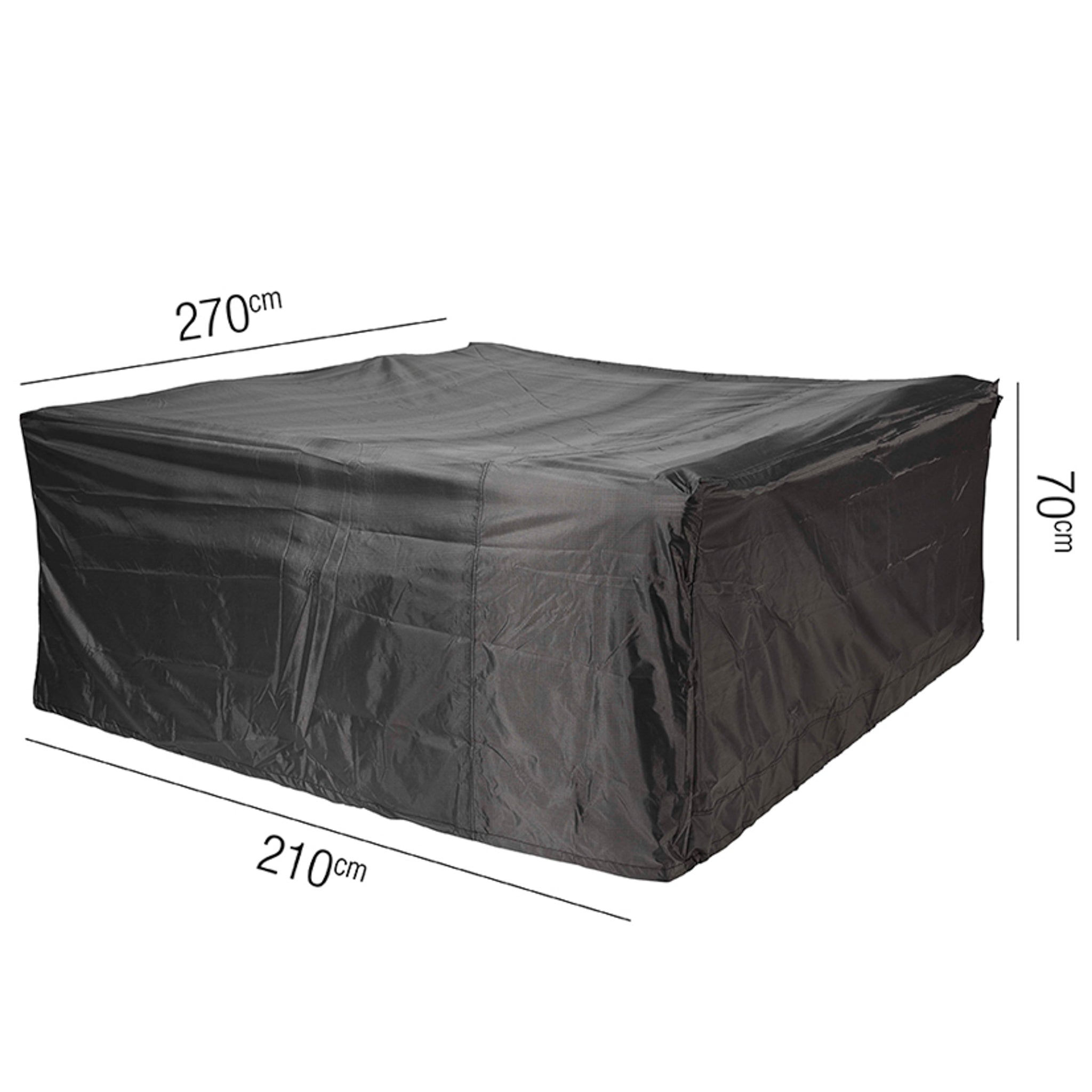 The AeroCover - Lounge Set Cover, in a black rectangular design with dimensions 270cm x 210cm x 70cm high, is water-resistant and UV protected.