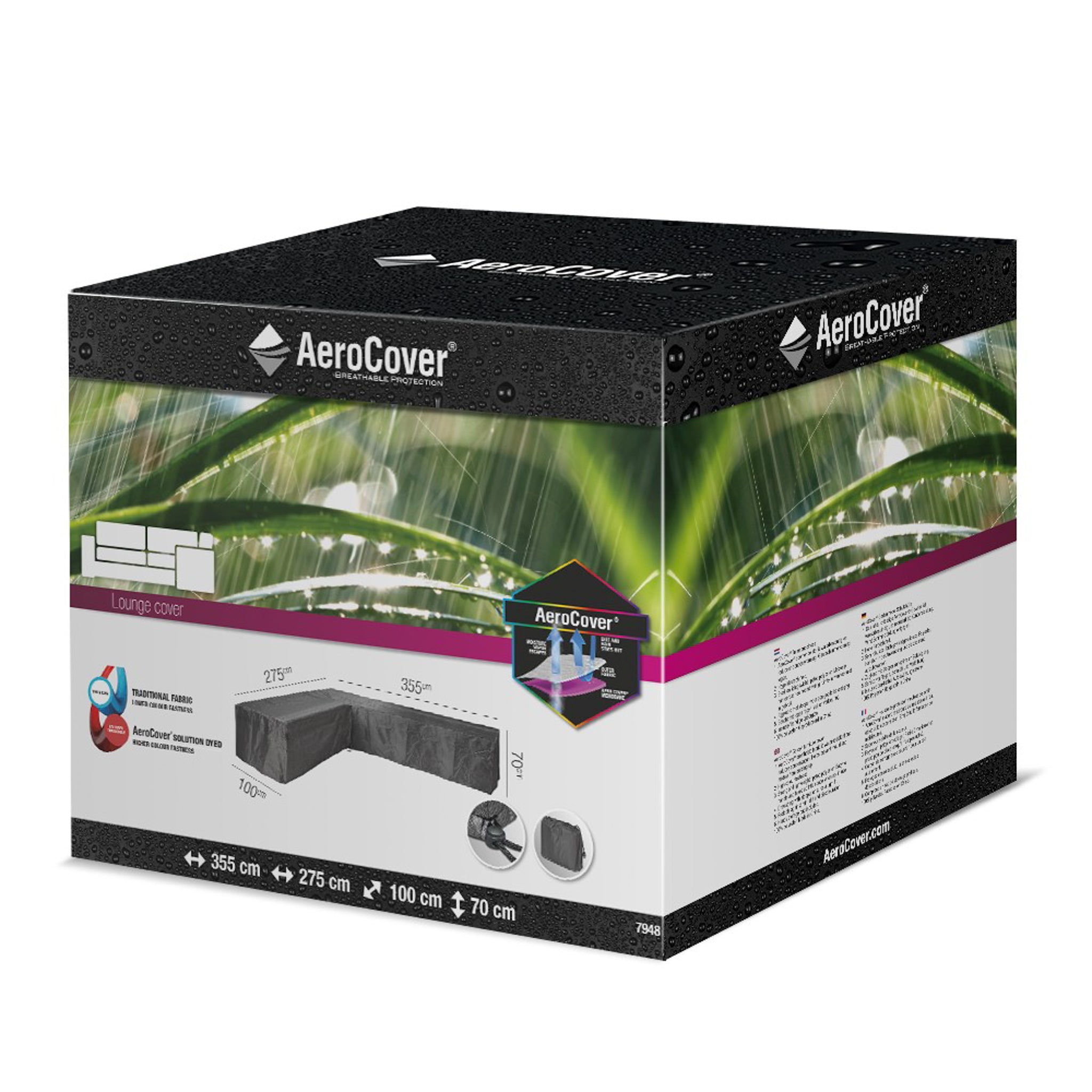 AeroCover - Left Hand L-Shape Lounge Set Cover 355 x 275 x 100 x 70 box with images of the Aerocover Lounge Set, dimensions, and product features. This UV-protected garden furniture cover ensures your outdoor seating stays in pristine condition.