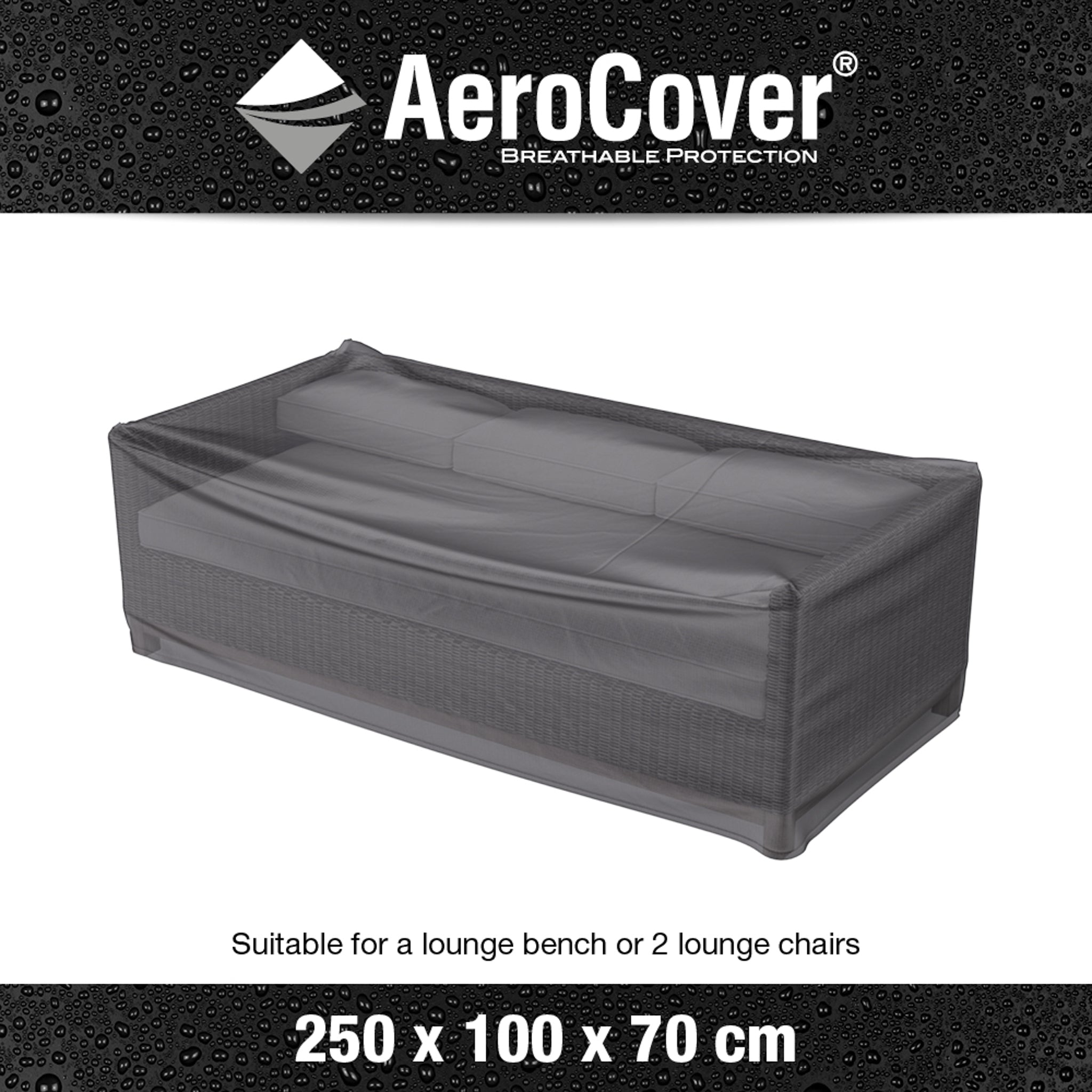 The AeroCover - Lounge Bench Cover 250 x 100 x 70 cm high provides breathable, UV-protected, and waterproof protection for your lounge bench or two lounge chairs.