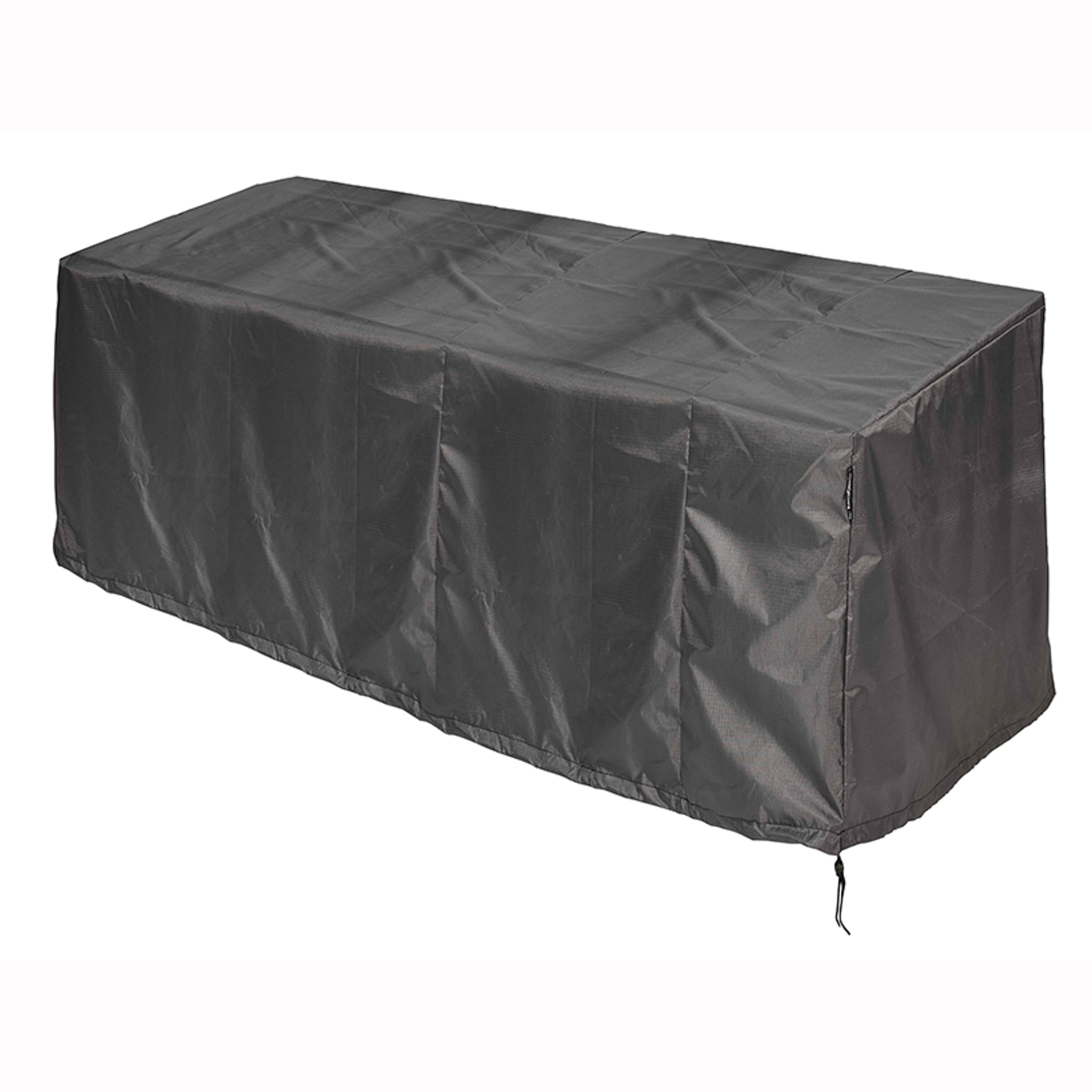 A black, UV-protected and waterproof AeroCover - Lounge Bench Cover (250 x 100 x 70 cm high) is draped over a long, rectangular object, likely outdoor furniture, ensuring it stays safe from harsh weather conditions.