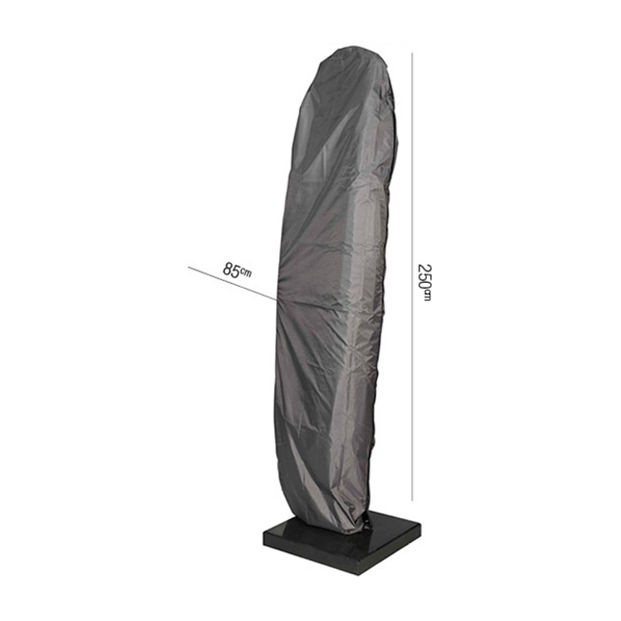 An AeroCover Free Arm Parasol Cover measuring 250 x 85 cm in black, draped over an object of the same dimensions on a matching black base.