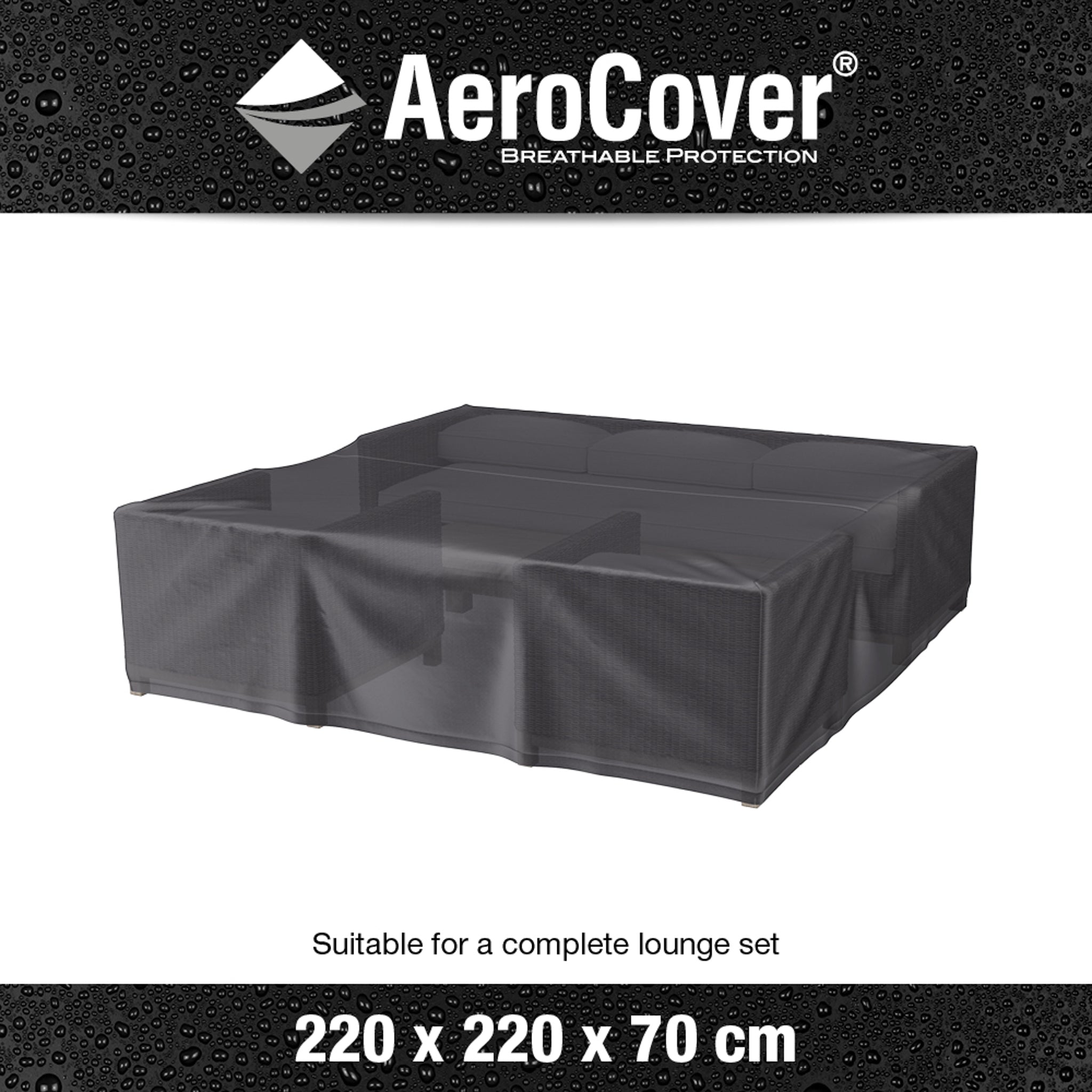 AeroCover – Square Lounge Set Cover, water-resistant, black and breathable, 220 x 220 x 70 cm in size, on a water-droplet background.